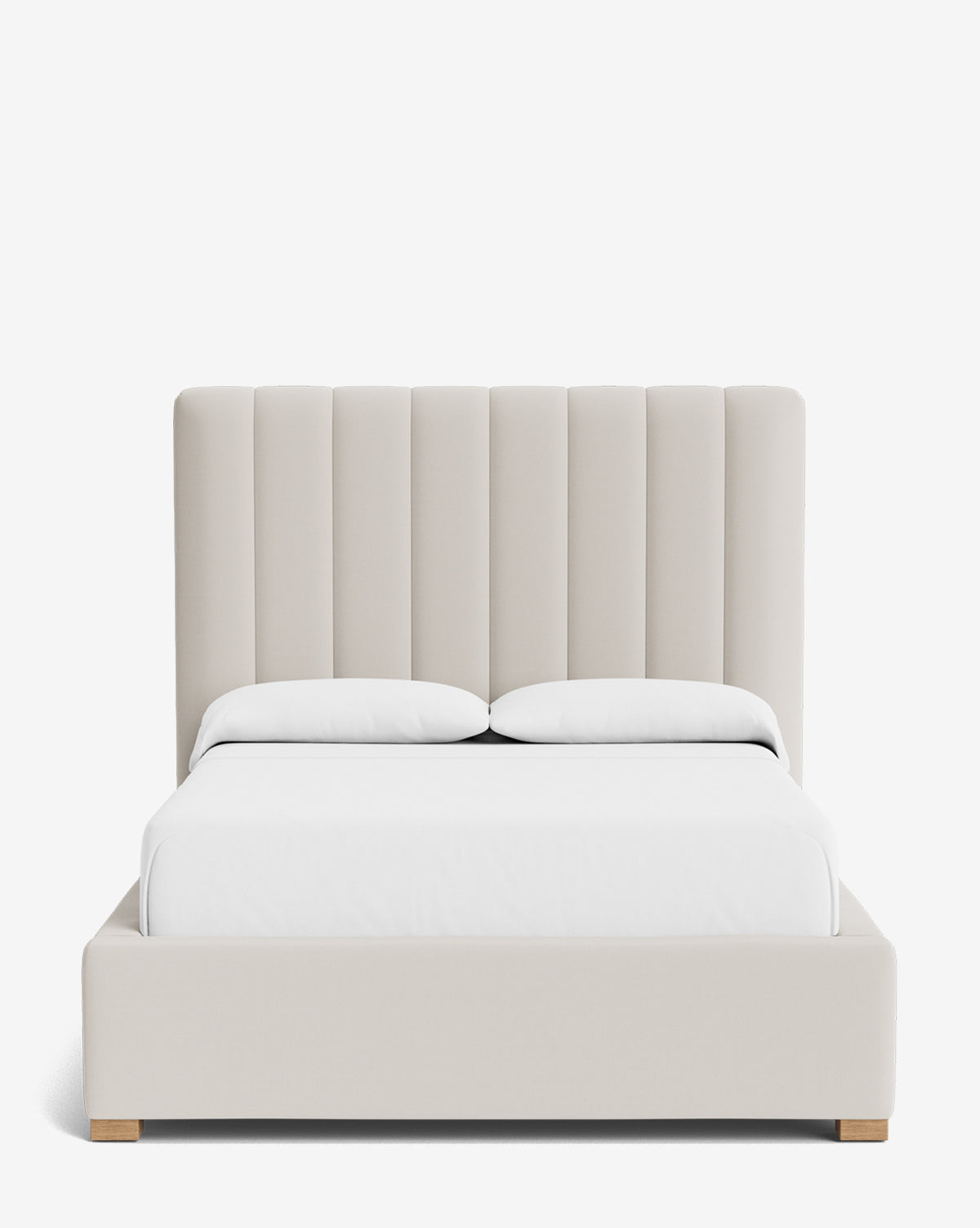 The Hoffman Bed Tall Headboard showcases a tall, vertically paneled headboard, white bedding, and light wooden legs against a plain white background. Available in customizable fabrics to match your style, by Vendixs