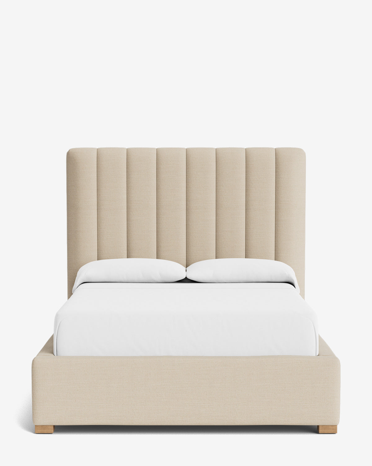 The Hoffman Bed Tall Headboard features vertical panels and comes in customizable fabrics, shown here in beige upholstery with white bedding and two pillows, set against a plain white background, by McGee & Co.
