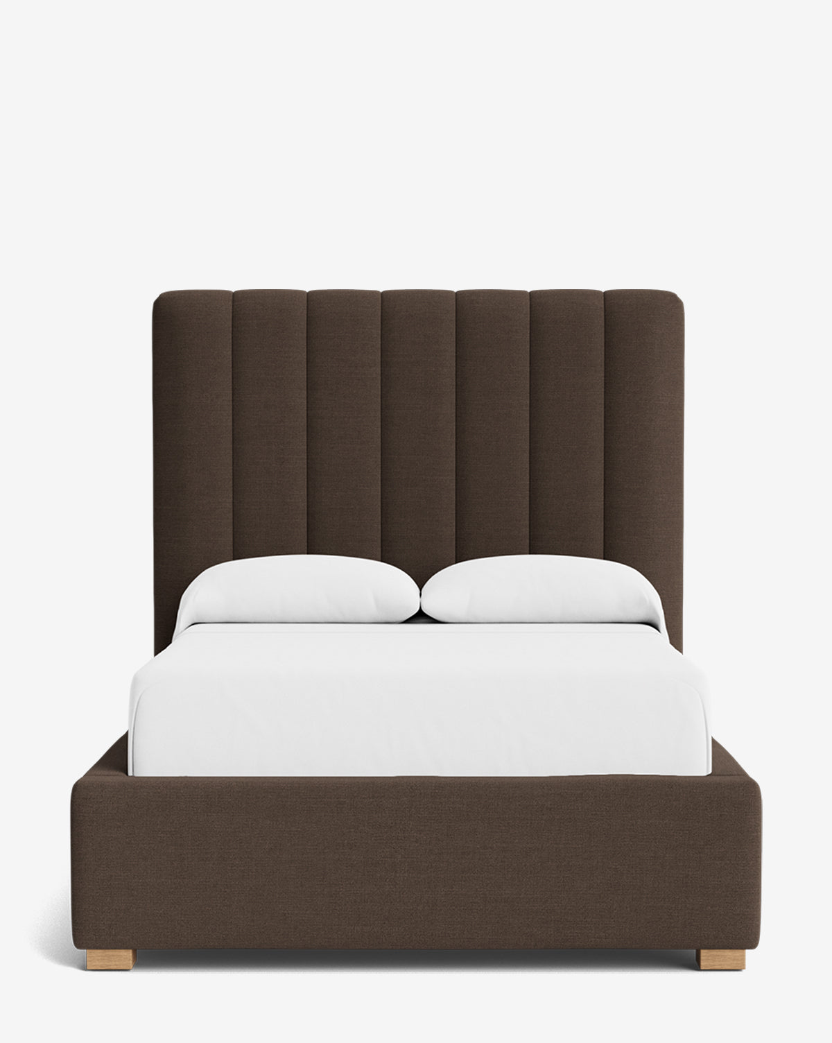 The Hoffman Bed Tall Headboard offers vertically paneled brown upholstery, a matching frame, short wooden legs, and crisp white bedding. Customize with your choice of fabrics to match your style, by Vendixs