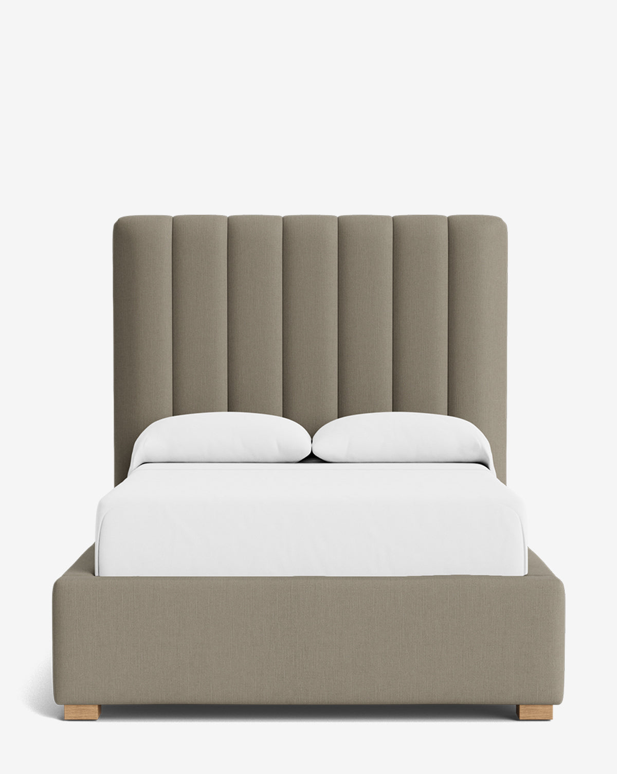 The Hoffman Bed Tall Headboard features vertical channels, a low-profile beige customizable frame, and crisp white bedding with two pillows, all set against a plain white background, by McGee & Co.
