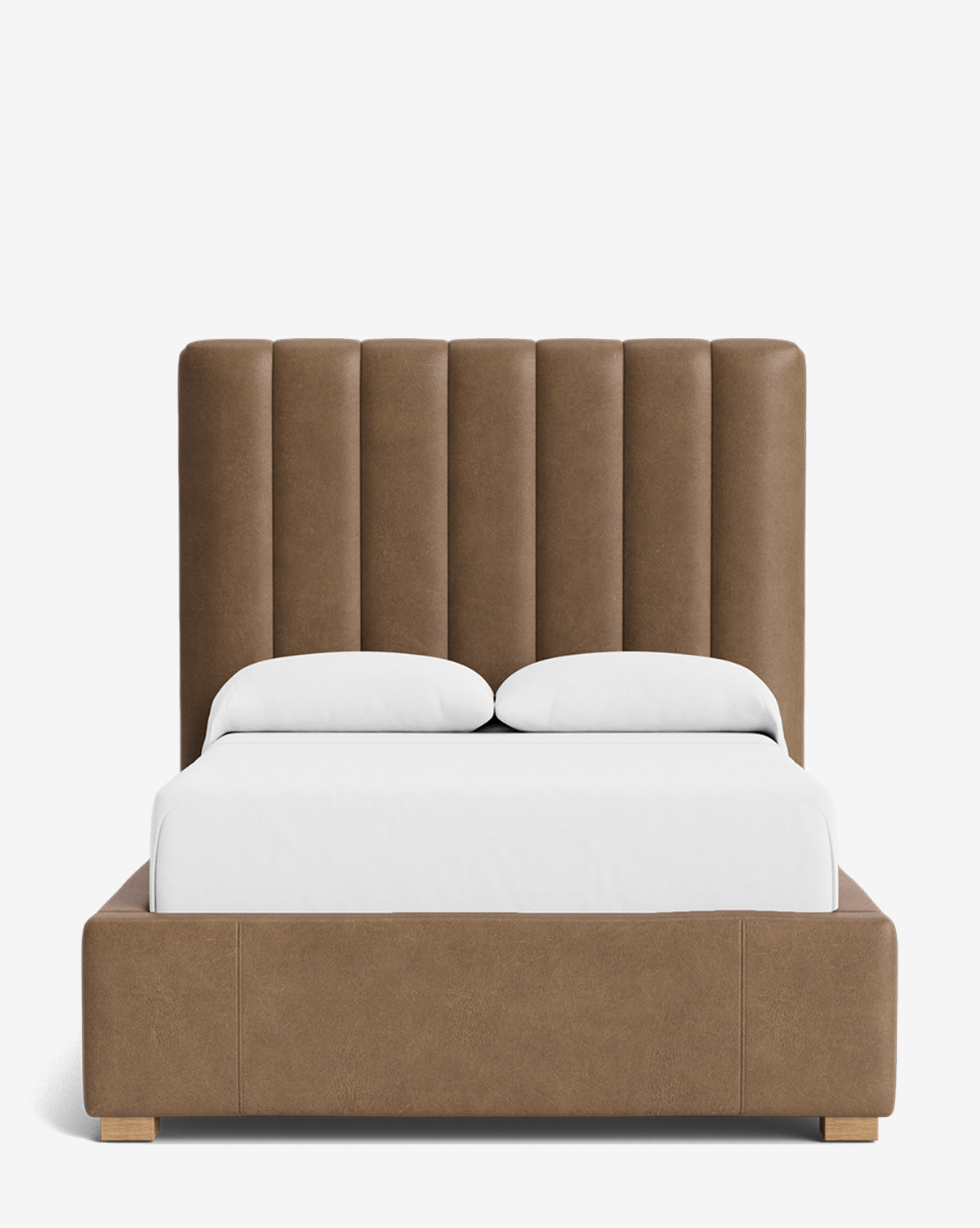 The Hoffman Bed Tall Headboard features a modern design with a tall, vertically paneled brown upholstered headboard and base, customizable fabrics, white bedding, and two white pillows, shown against a plain white background by Vendixs
