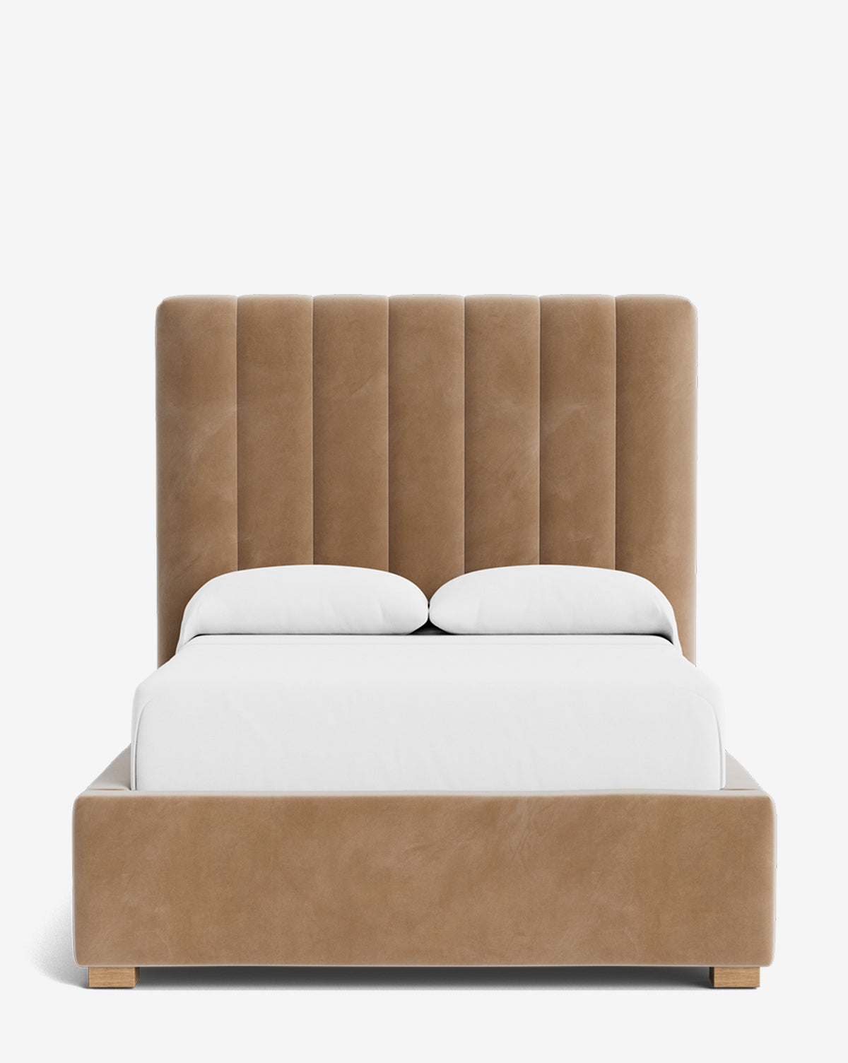The Hoffman Bed Tall Headboard features vertically channeled tan upholstery, a matching frame, and plain white bedding. Shown on a white background, its available in customizable fabrics to fit your style, by Vendixs