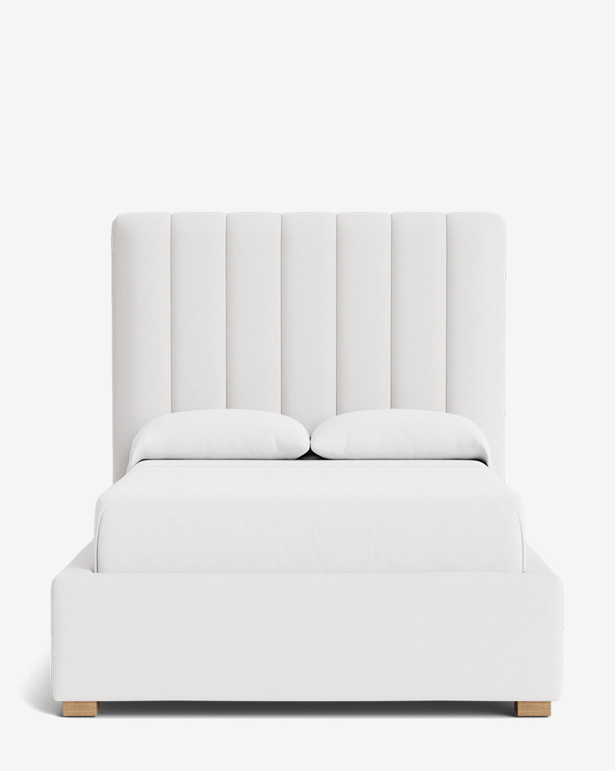 The Hoffman Bed Tall Headboard showcases vertical panels and modern white upholstery. Displayed with white bedding and two pillows, it offers customizable fabric options to match your style, by McGee & Co.