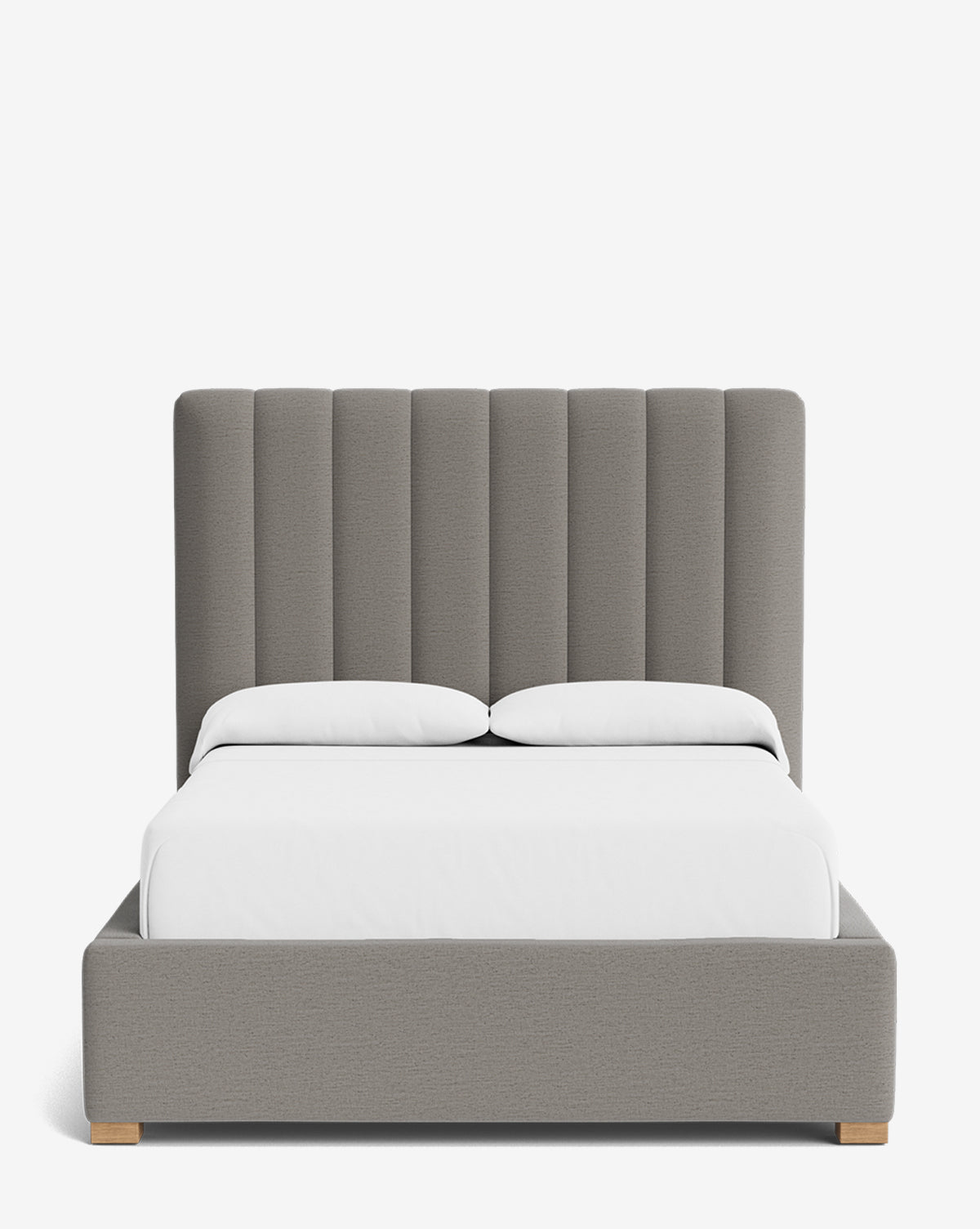 The Hoffman Bed Tall Headboard offers a sleek, vertically paneled gray upholstered headboard and matching frame. Customize with your choice of fabrics for a modern look that matches your style. Simple white bedding adds a crisp finishing touch, by McGee & Co.