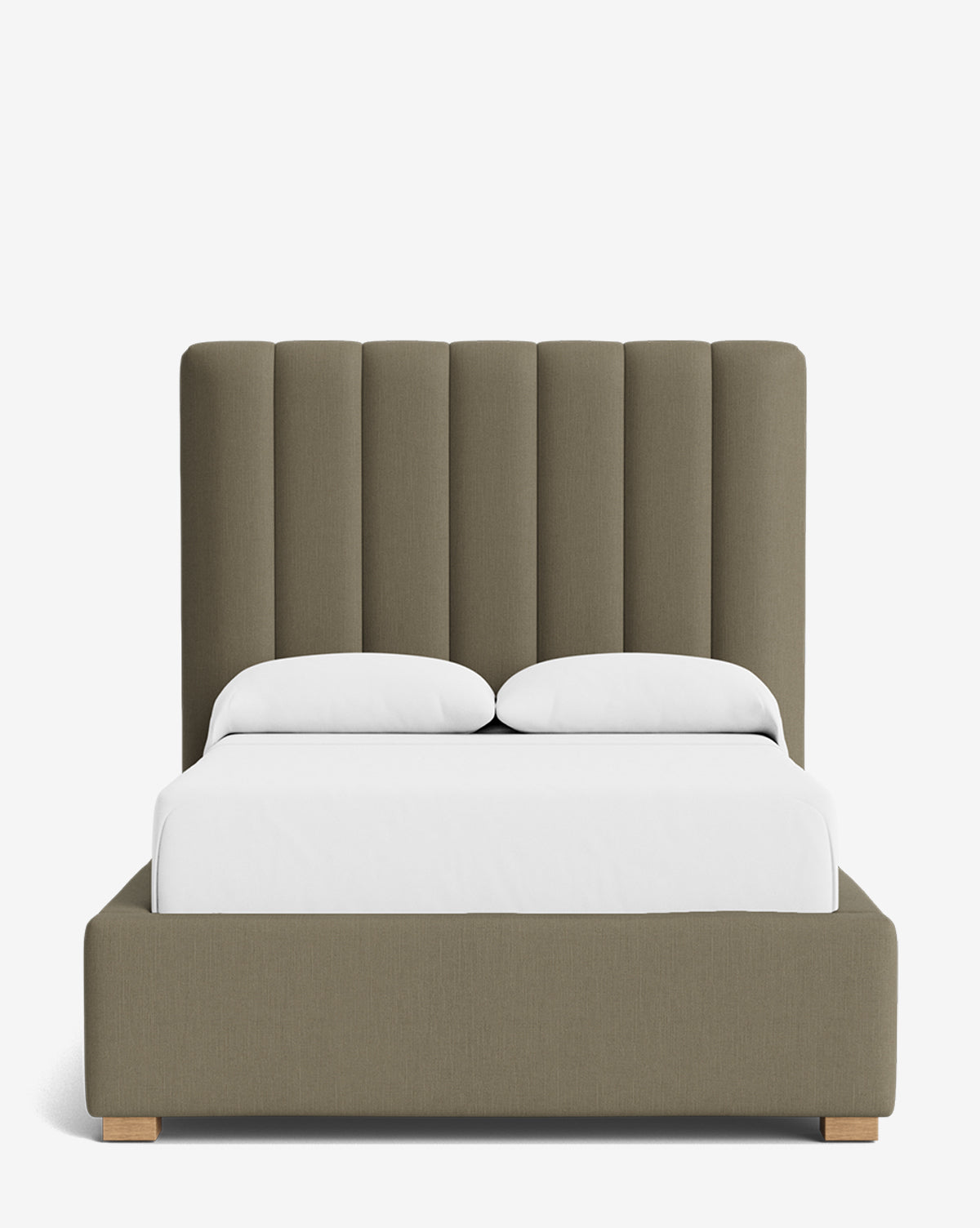 The Hoffman Bed Tall Headboard features a tall, vertically channeled design and an olive green upholstered frame with white bedding. Choose from customizable fabrics to create your perfect modern bedroom centerpiece, by Vendixs