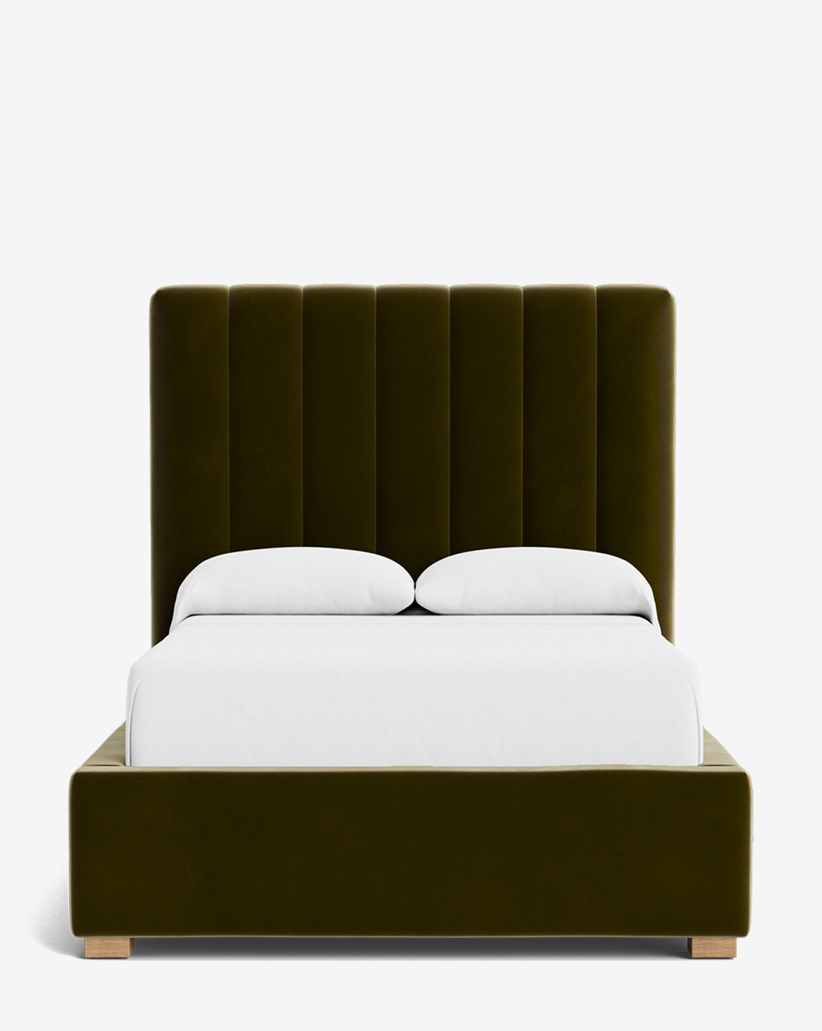 The Hoffman Bed Tall Headboard boasts vertically paneled dark green velvet, customizable fabrics, white bedding, and a minimalist design—stylishly displayed on a plain white background, by Vendixs