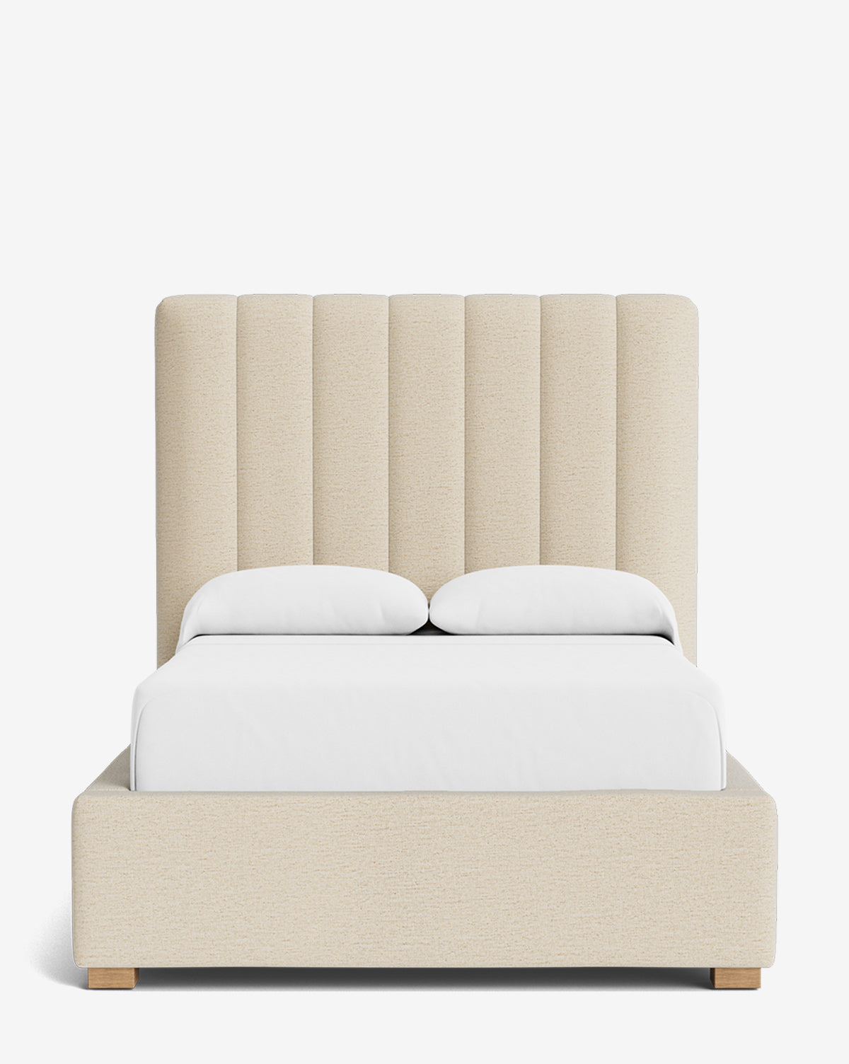 The Hoffman Bed Tall Headboard features a beige upholstered frame, tall vertical channeled headboard, white bedding, and two pillows. Displayed on a white background, its available in customizable fabrics to match your style by McGee & Co.