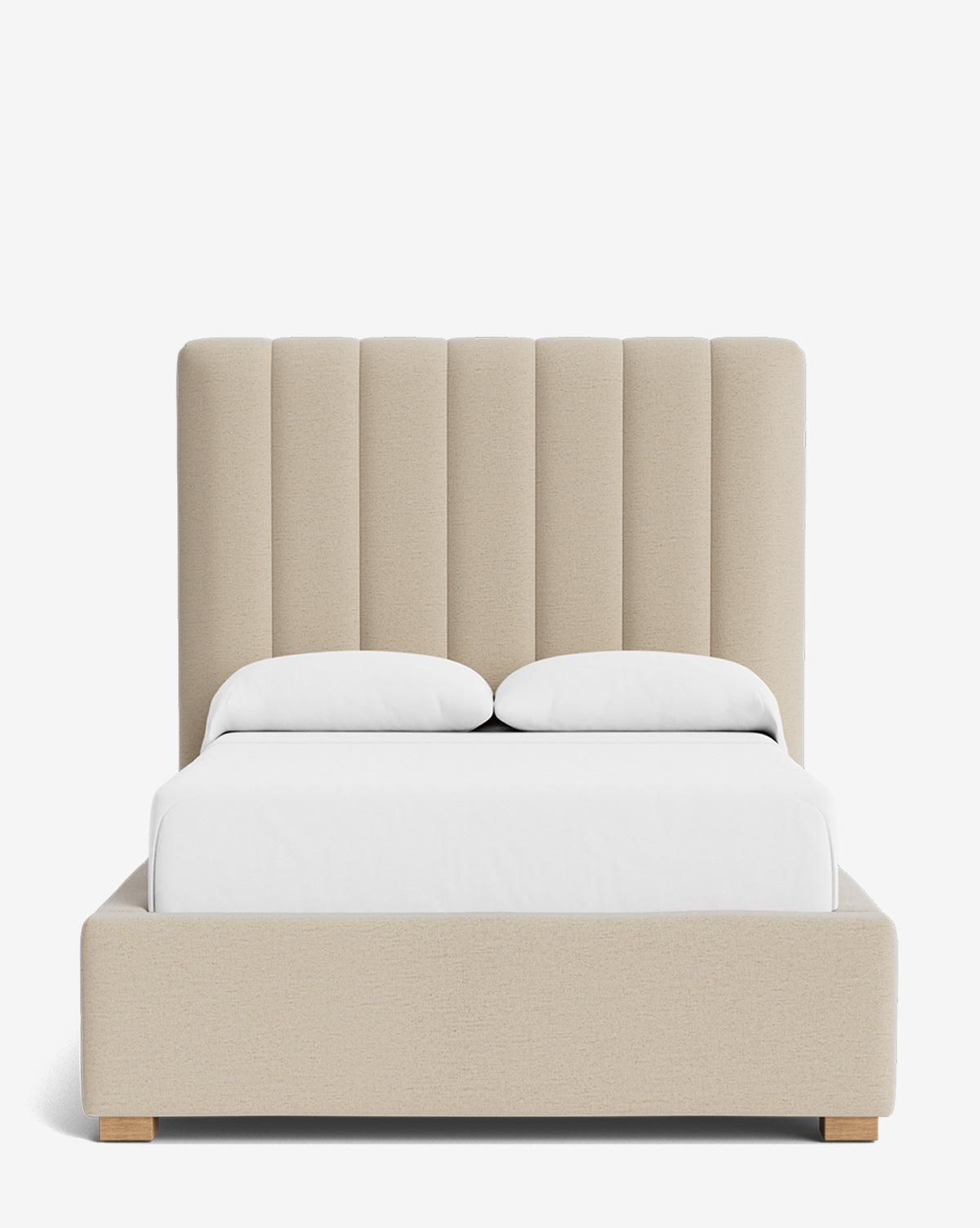 The Hoffman Bed Tall Headboard features a tall, vertically channeled headboard, wooden legs, and white bedding with two pillows. Choose from a variety of customizable fabrics to match your modern style. Shown against a plain white background by Vendixs