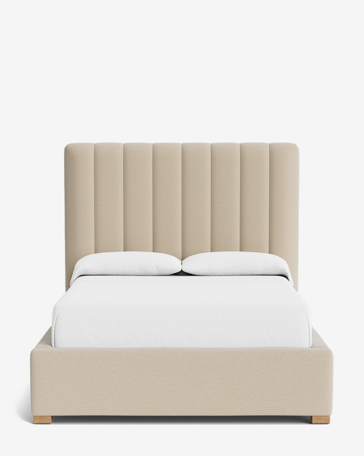 The Hoffman Bed Tall Headboard showcases a tall, vertically channeled headboard and low-profile frame in beige upholstery. Customizable fabrics let you tailor this modern bed to suit your unique style. Dressed in white bedding and pillows by McGee & Co.