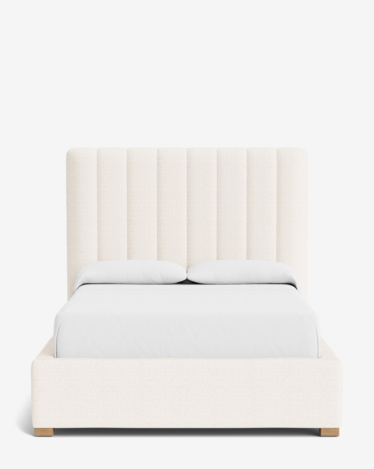 The Hoffman Bed Tall Headboard features a modern, tall vertically paneled headboard in light cream, customizable upholstery, white bedding, and two pillows, shown against a plain white background by McGee & Co.