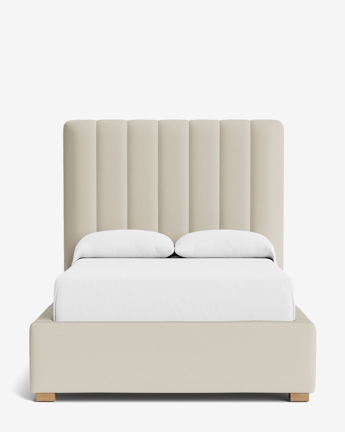 The Hoffman Bed Tall Headboard features a modern design with a tall, vertically channeled headboard, customizable fabric options, white bedding, and wooden feet, shown from the front against a plain white background by Vendixs