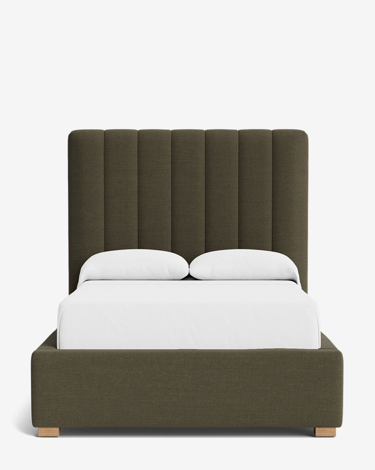 The Hoffman Bed Tall Headboard features a tall, vertically channeled dark olive green upholstered headboard, matching frame, and wooden legs. Neatly dressed with white sheets and two pillows, it’s available in customizable fabrics for your style by Vendixs