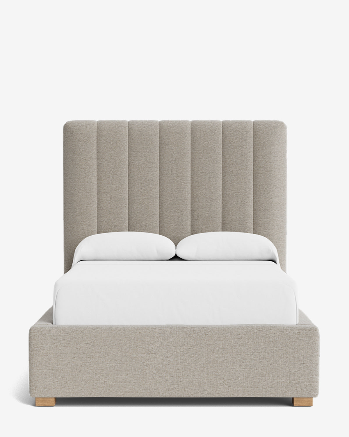 The Hoffman Bed Tall Headboard offers a modern look with vertical channeling, light beige upholstery, queen size, customizable fabrics, white bedding, and wooden legs—displayed against a plain white background by Vendixs