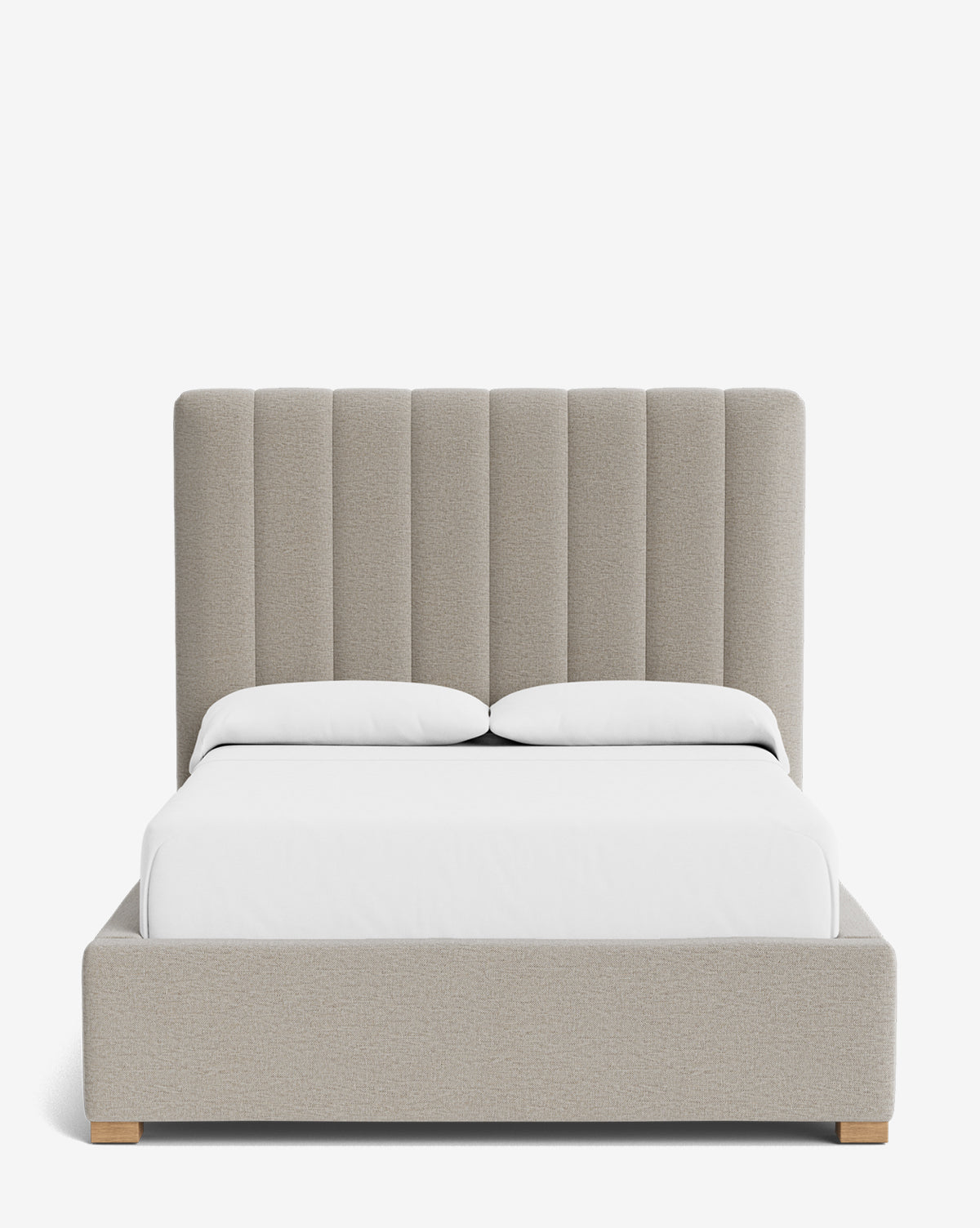 The Hoffman Bed Tall Headboard features vertical panels and a low frame, shown in beige upholstery with white bedding and two pillows. Customizable in fabric options to fit your style, it’s set against a plain white background, by Vendixs