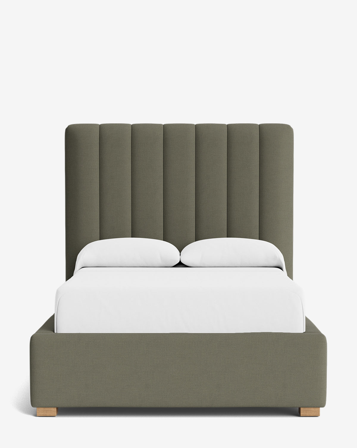 The Hoffman Bed Tall Headboard features vertically paneled olive-green upholstery on a matching frame. Shown with white bedding, this modern bed is available in customizable fabrics to match your style, by McGee & Co.