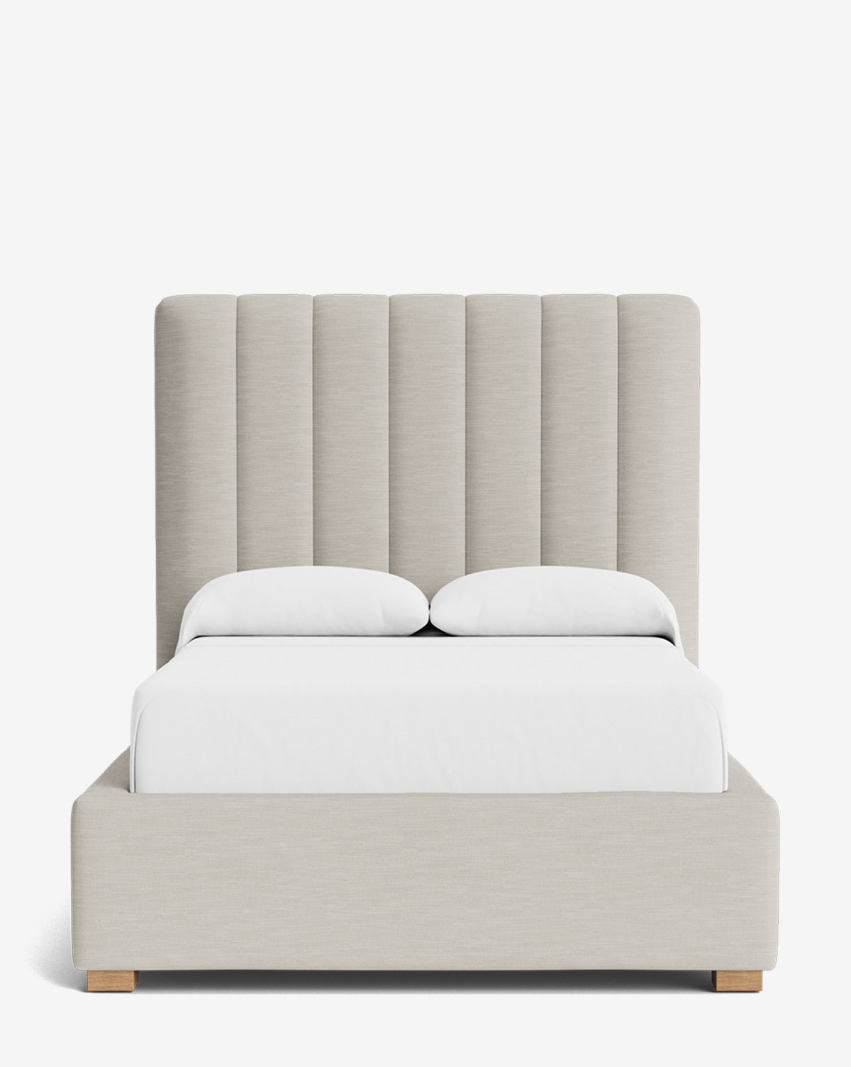 The Hoffman Bed Tall Headboard features a tall, vertically paneled beige upholstered headboard and frame with customizable fabrics. Shown front-facing against a white background, it is styled with white bedding and two pillows by Vendixs