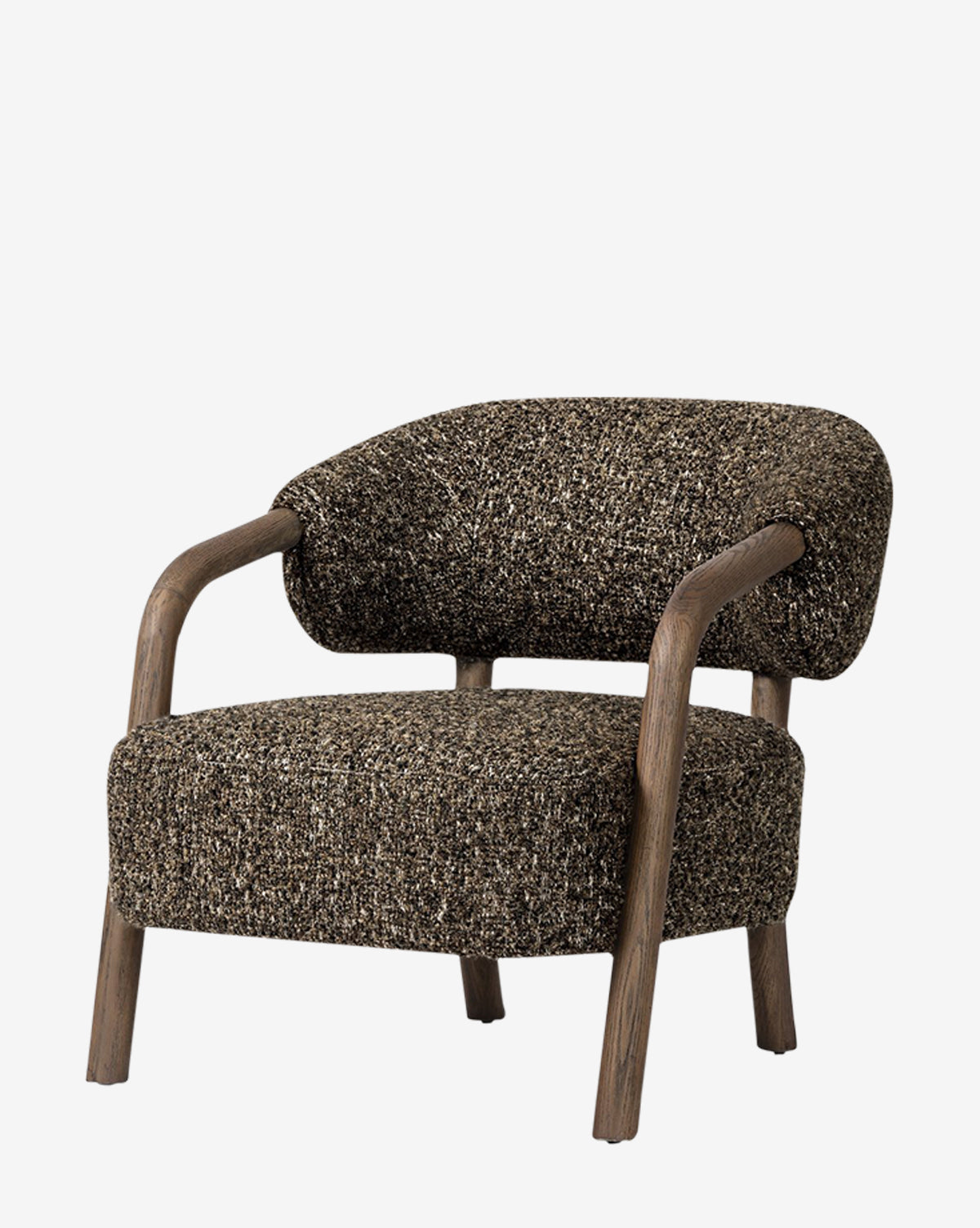 The Holstein Lounge Chair features a curved solid oak frame and textured brown upholstery. Its low, rounded backrest and seat blend comfort with modern design, making it a stylish accent piece for any space, by Vendixs