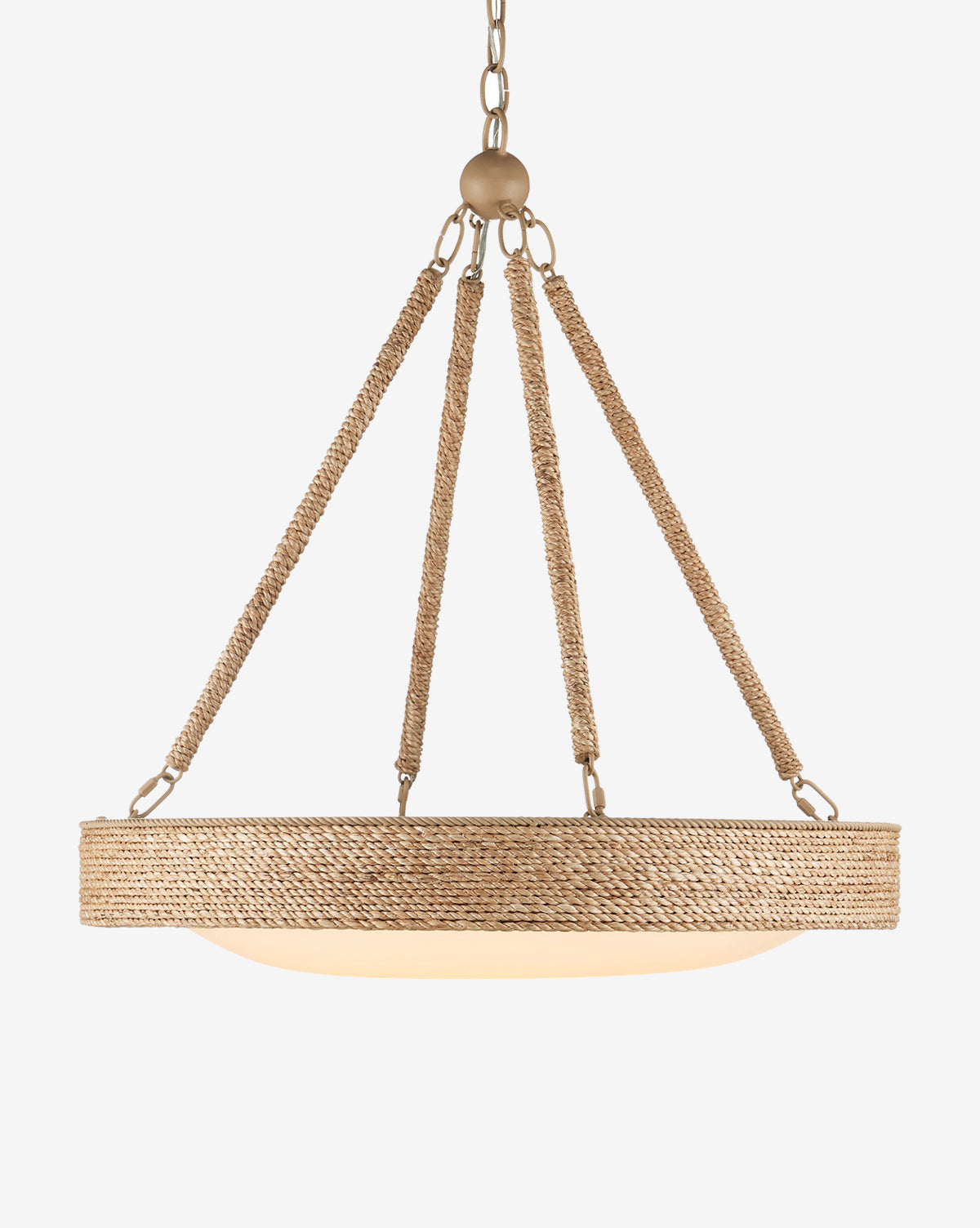 The Hopscotch Chandelier by Currey & Co. features a round abaca rope design with a woven rattan frame, suspended by four braided ropes attached to a chain and metal fixture, shown against a plain white background. Vendixs