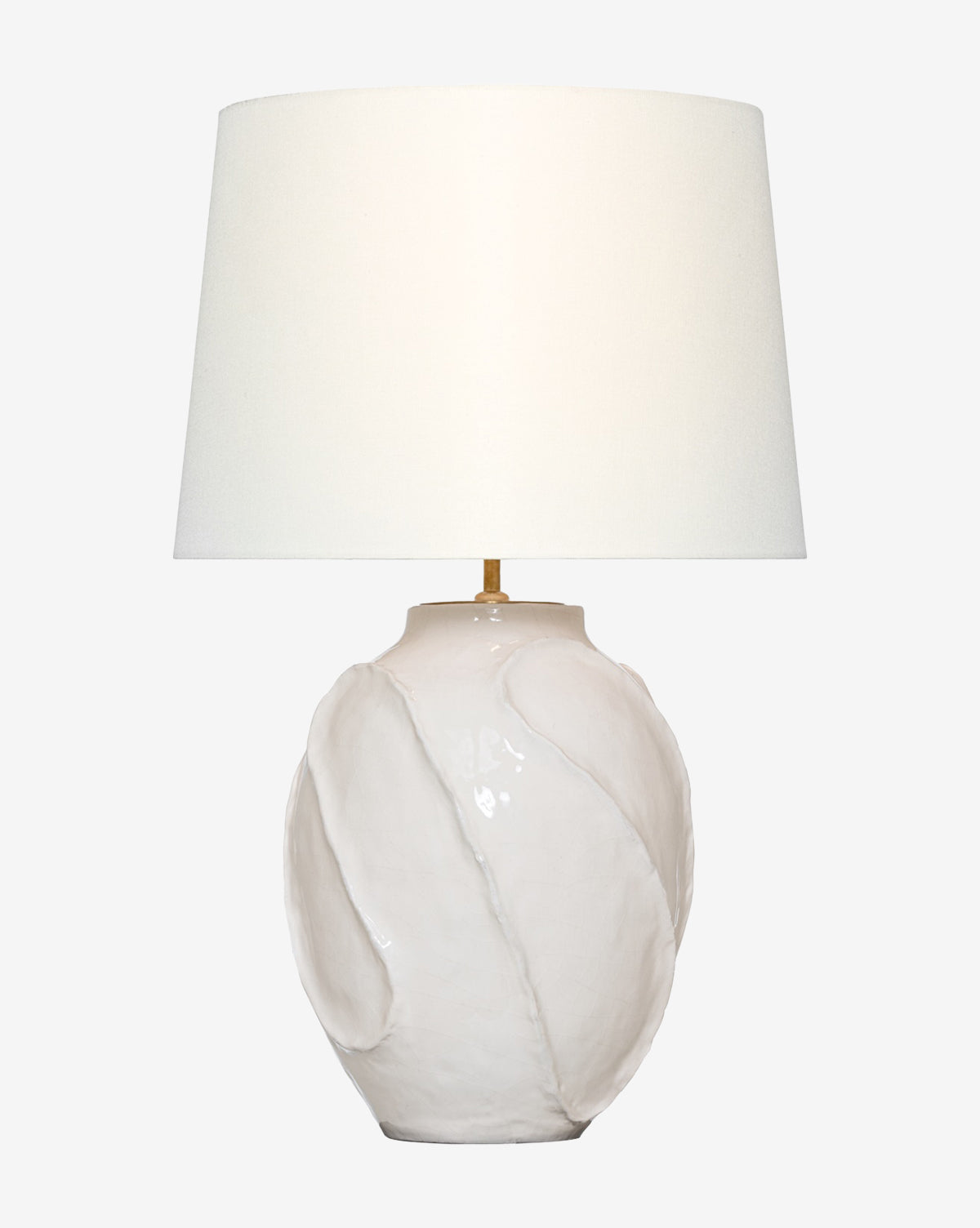 The Idalia 17 Sculpted Table Lamp by Visual Comfort & Co. Signature features a white ceramic base with a crackle finish and wide linen shade, shown against a plain light background. Vendixs