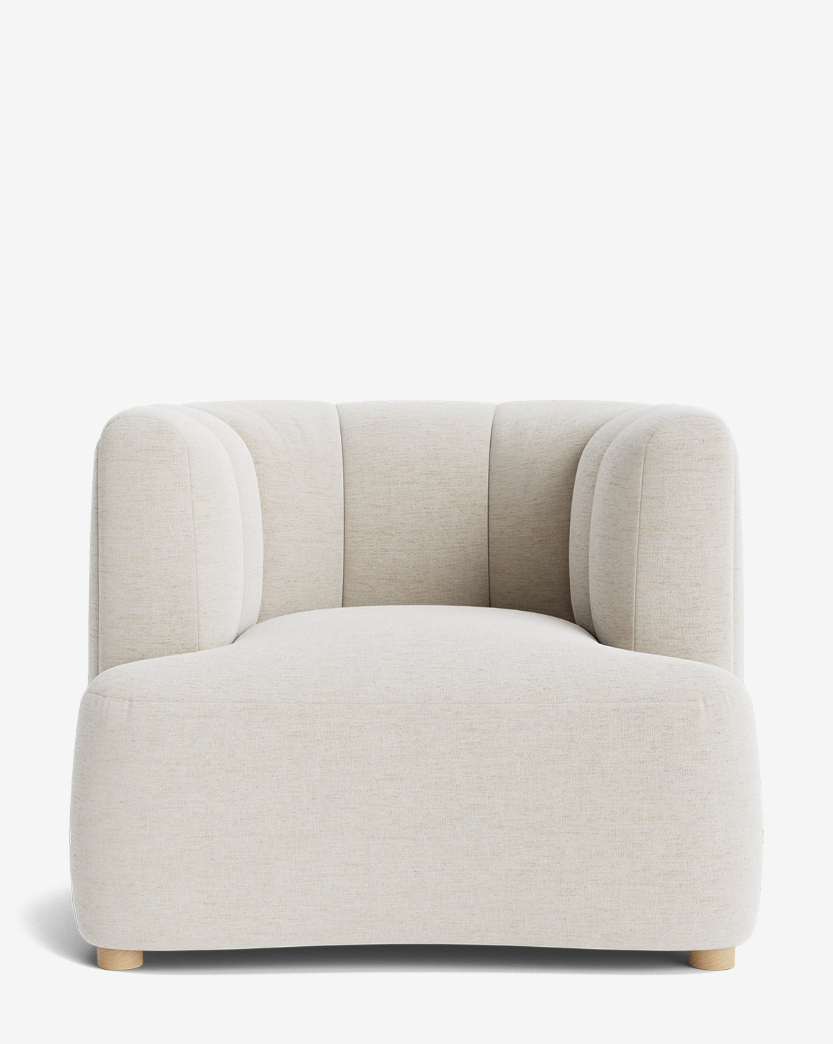 The Ines Lounge Chair is a modern, cream armchair with plush rounded cushions and low wooden legs. Its soft curves and wide seat make this contemporary chair both stylish and inviting, shown against a plain white background by McGee & Co.
