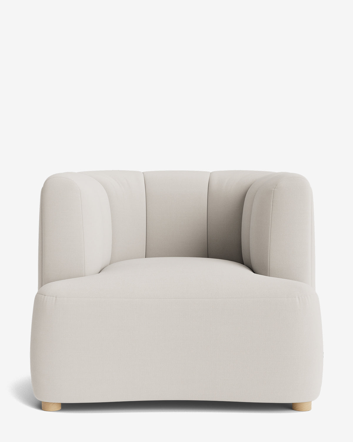 The Ines Lounge Chair is a modern, armless seat with soft, rounded edges, light beige upholstery, a low back, and wooden feet—bringing timeless style to any space, by Vendixs