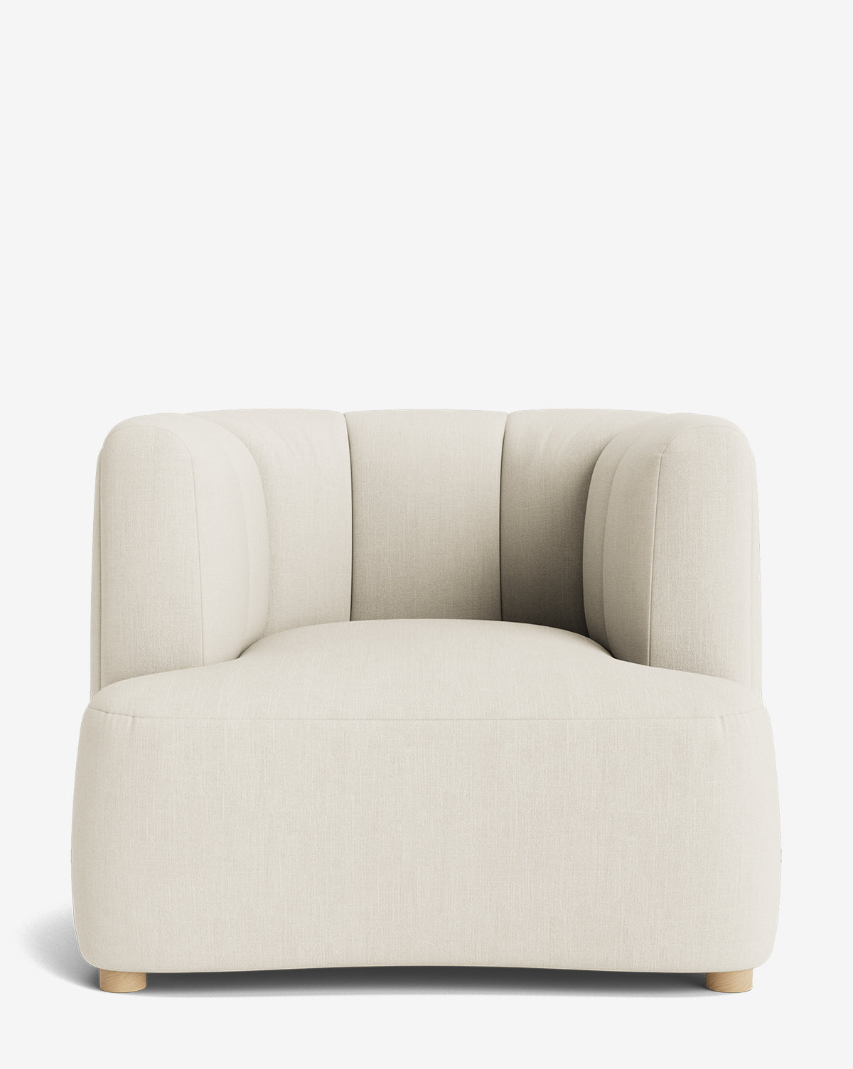 The Ines Lounge Chair is a modern, low-profile armchair with light beige upholstery, rounded back and sides, short wooden legs, and a minimalist design—ideal for contemporary living spaces by McGee & Co.