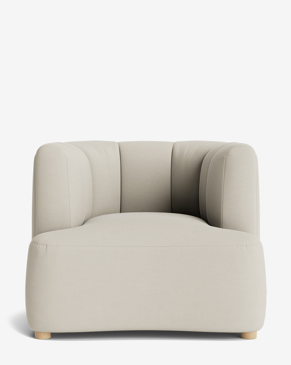 Front view of the modern Ines Lounge Chair: a light beige velvet chair with rounded edges, plush cushioning, and low wooden legs, shown against a plain white background, by McGee & Co.