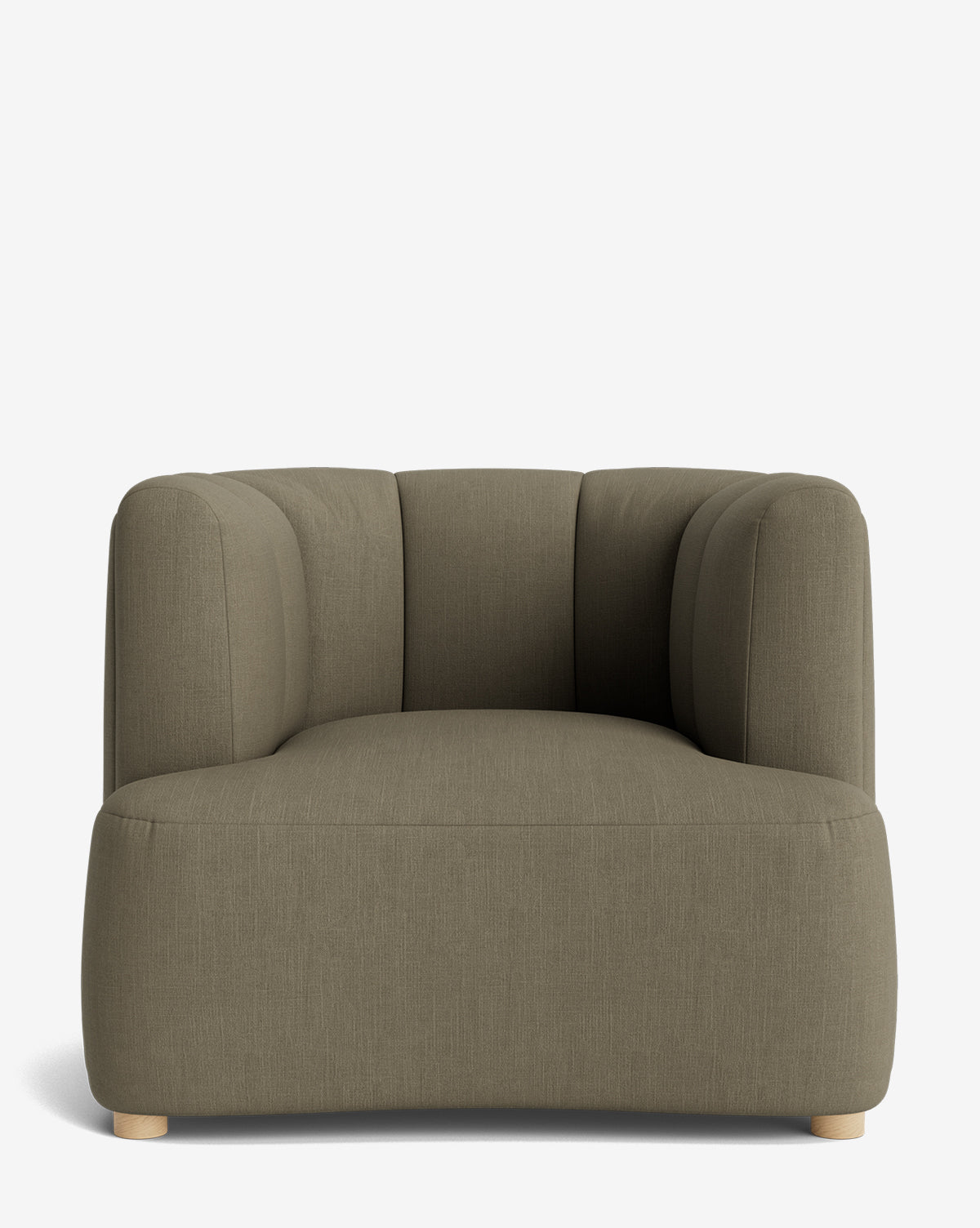 The Ines Lounge Chair is a modern, low-profile seat with thick, rounded cushioning, light brown fabric upholstery, and minimal wooden legs, shown against a plain white background by Vendixs