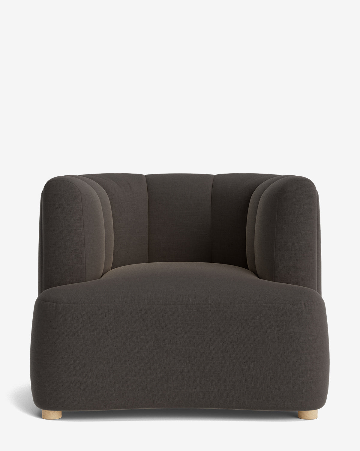 Front view of the Ines Lounge Chair, a modern dark gray velvet chair with rounded edges, tufted backrest, and short light wooden feet, set against a plain white background by McGee & Co.