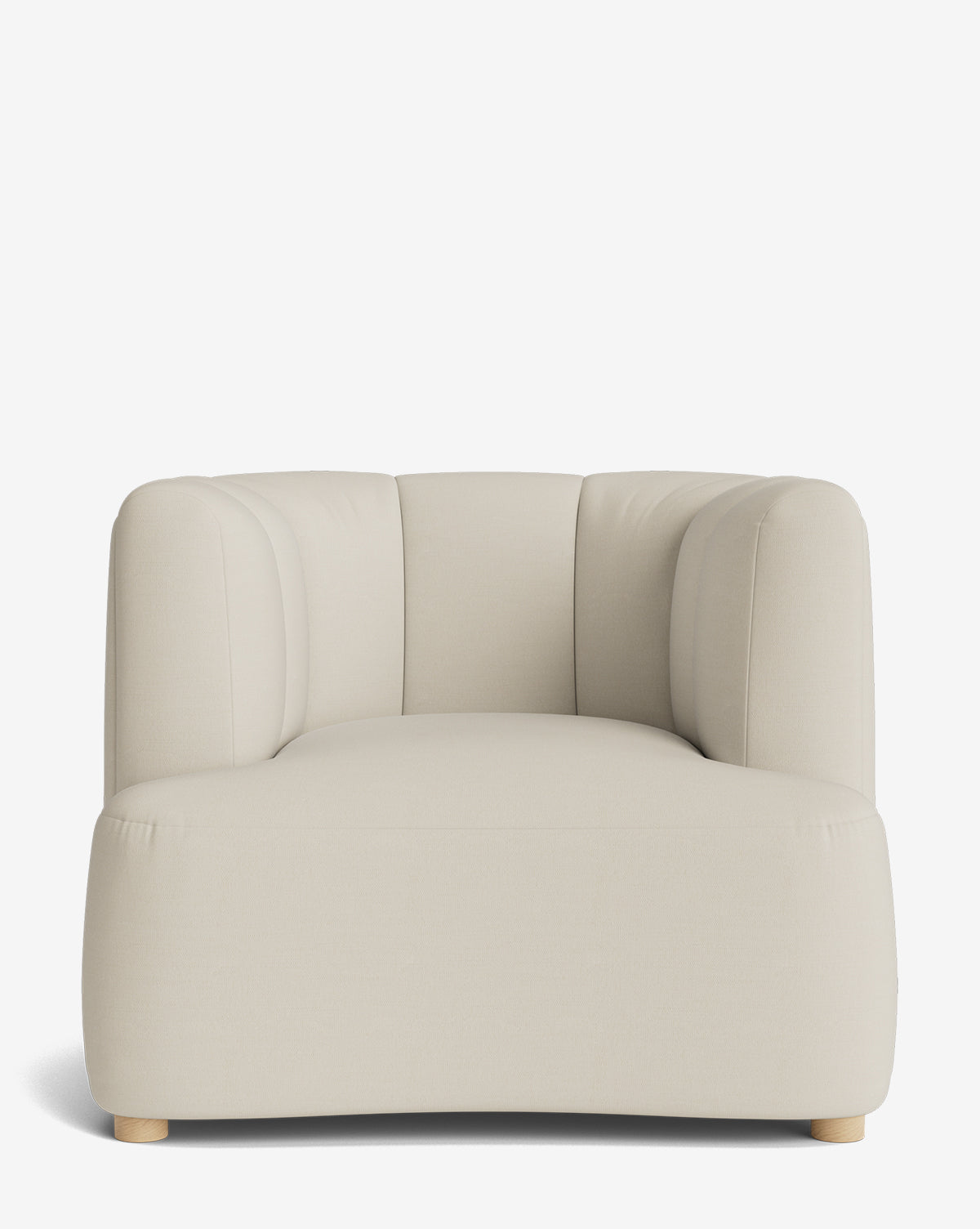 The Ines Lounge Chair is a modern, low-profile beige velvet chair with rounded edges and plush cushioning, shown from the front against a plain white background by McGee & Co.