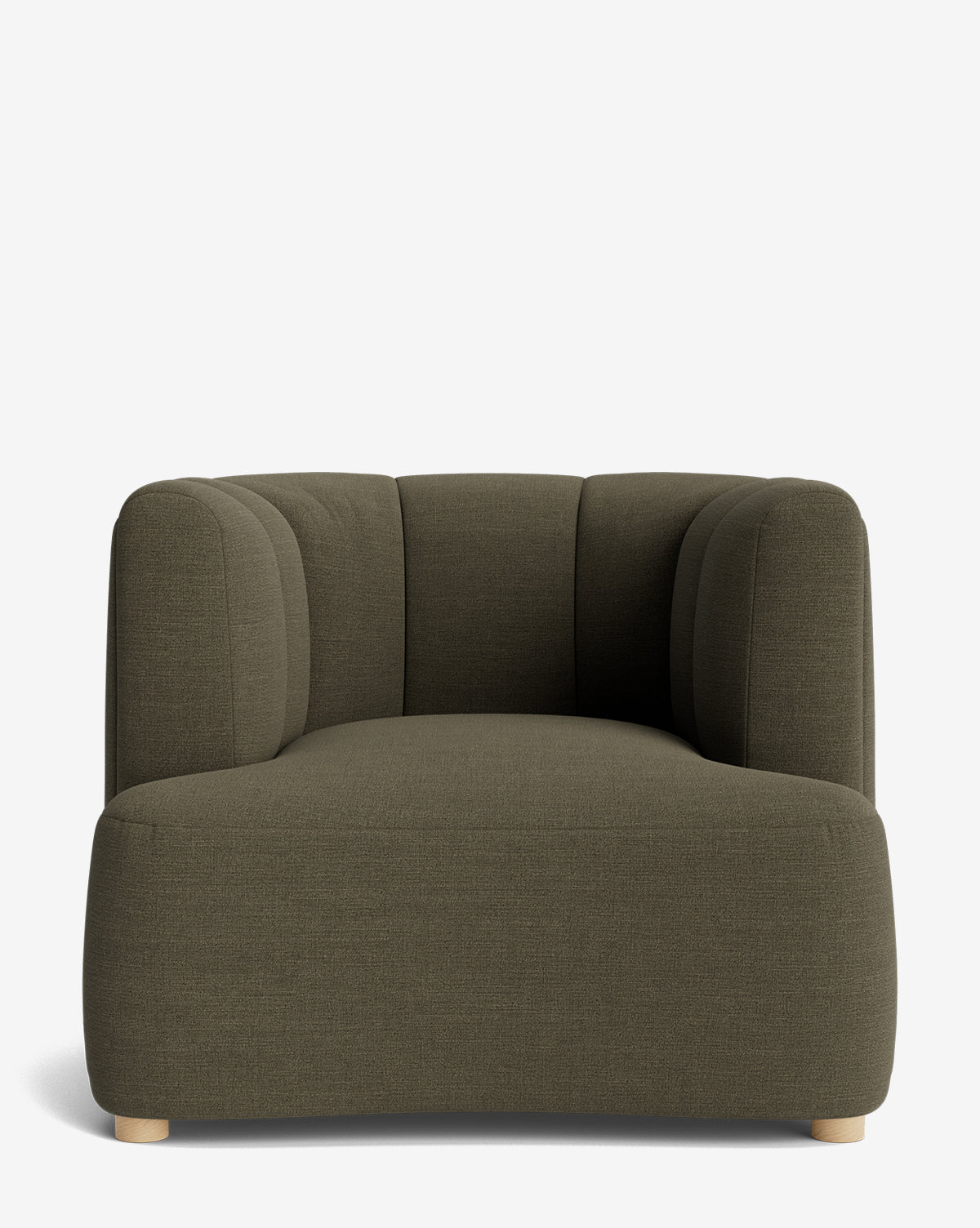 The Ines Lounge Chair, a modern piece in olive-green velvet with a curved backrest and low wooden legs, is displayed front-facing against a plain white background, by McGee & Co.