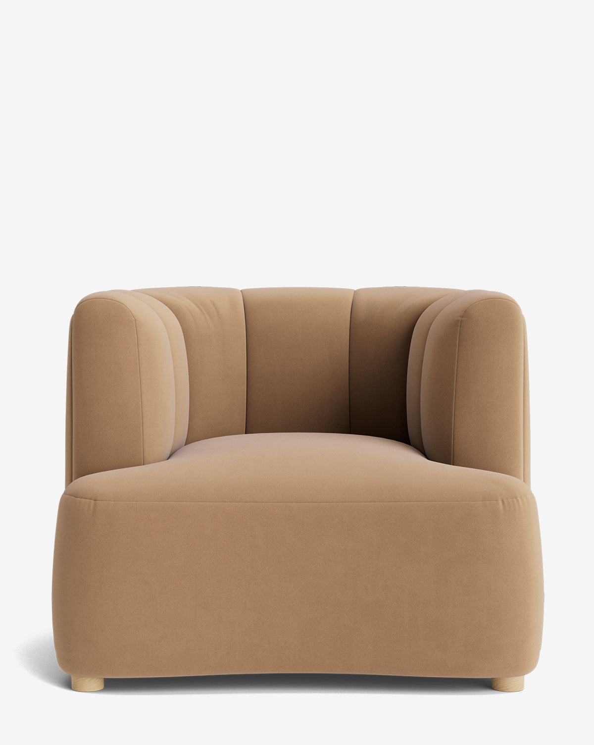 The Ines Lounge Chair features a modern low-profile design with light brown upholstery, rounded edges, a wide seat, and slightly flared armrests, shown against a plain white background by McGee & Co.