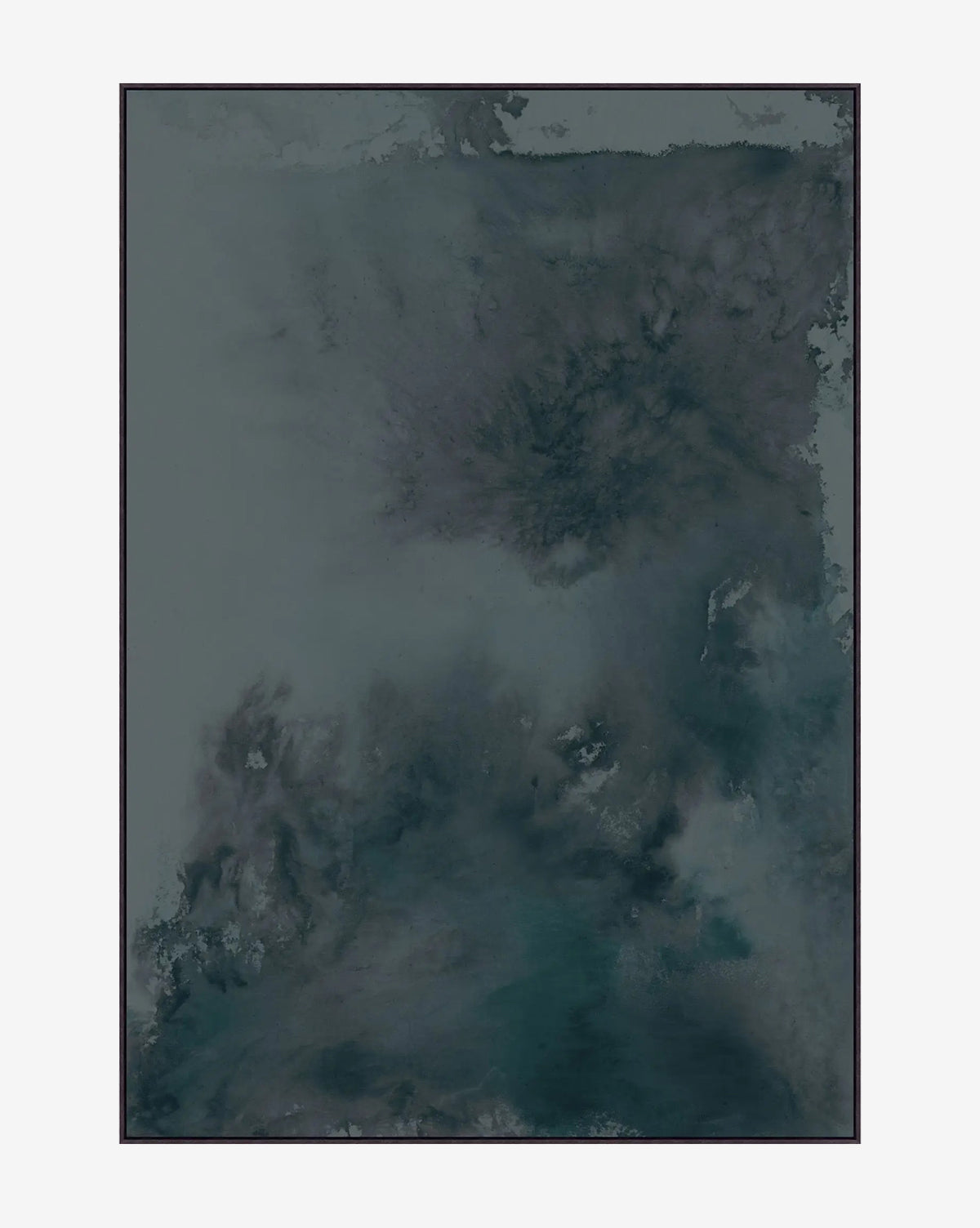 Ink Movement Blue features an abstract blend of dark green, blue, and gray tones with soft textures and subtle contrasts, creating a cloudy effect. The artwork is finished in a thin floater frame for a modern touch, by Vendixs