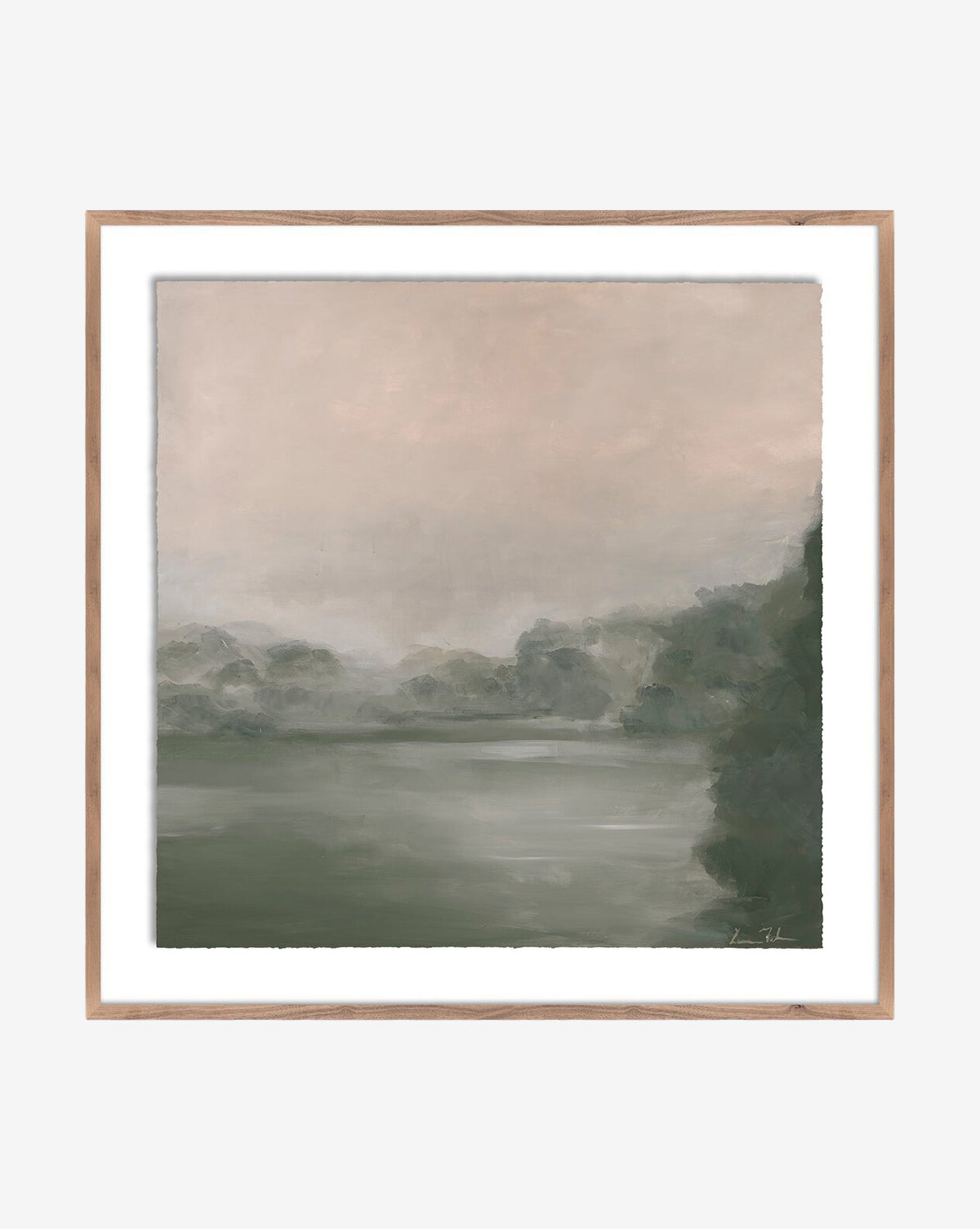 Into The Dawn by Lauren Fuhr is a framed expressive artwork depicting a serene countryside with a misty sky, soft green trees, and calm water in muted pastel tones, by Vendixs