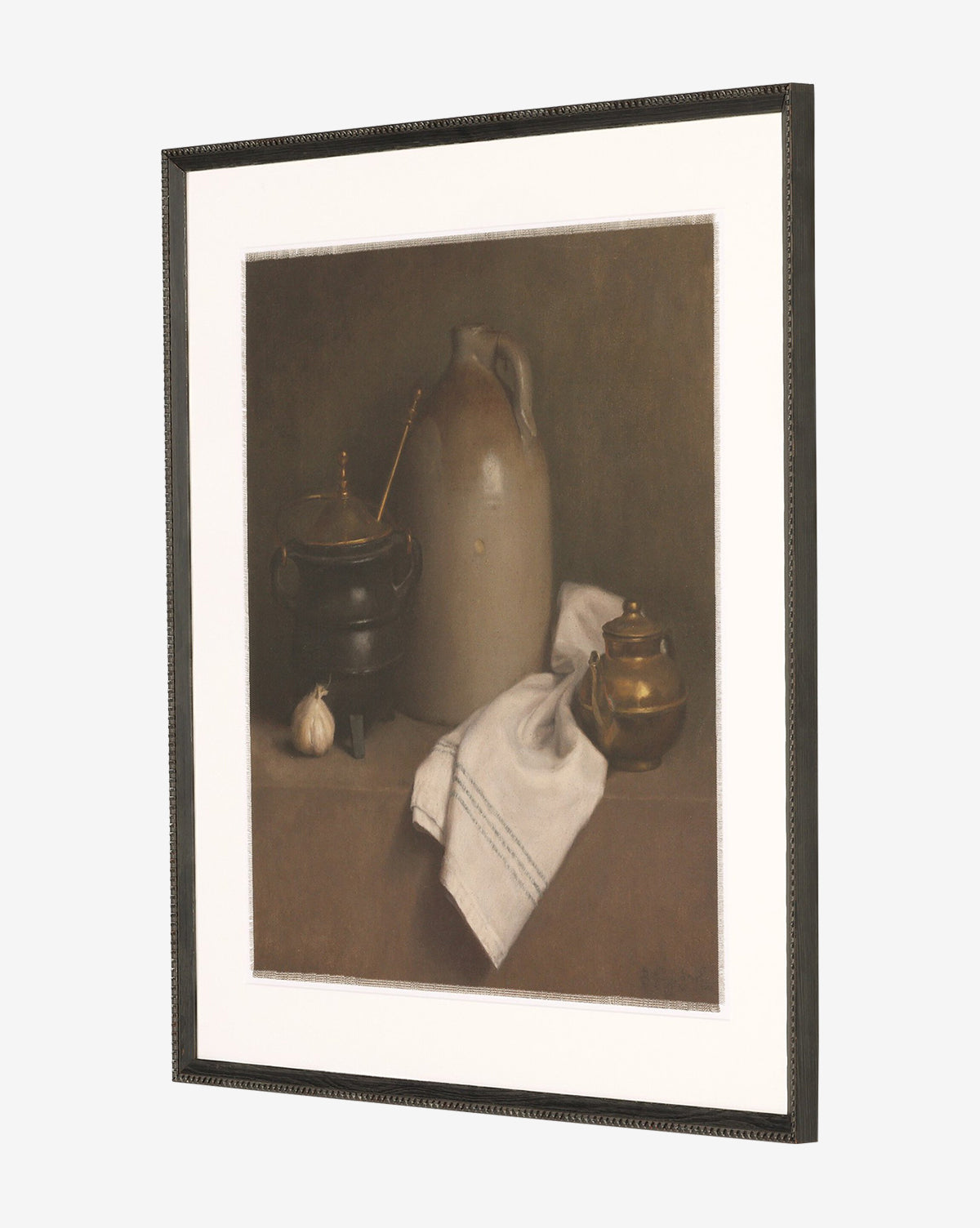 Iron and Brass by Bethany Joseph is a handmade wall art piece featuring a ceramic jug, black pot, brass container, striped cloth, and garlic on brown, all set in a neutral background and finished with a Brimfield black frame, by Vendixs