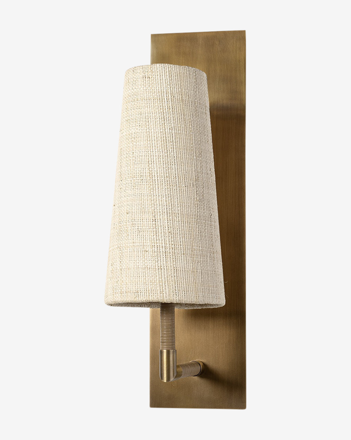 The Palecek Irving Sconce combines a rectangular brass backplate, a cream-toned conical shade, and optional leather-wrapped arms for a sleek, modern touch. Vendixs