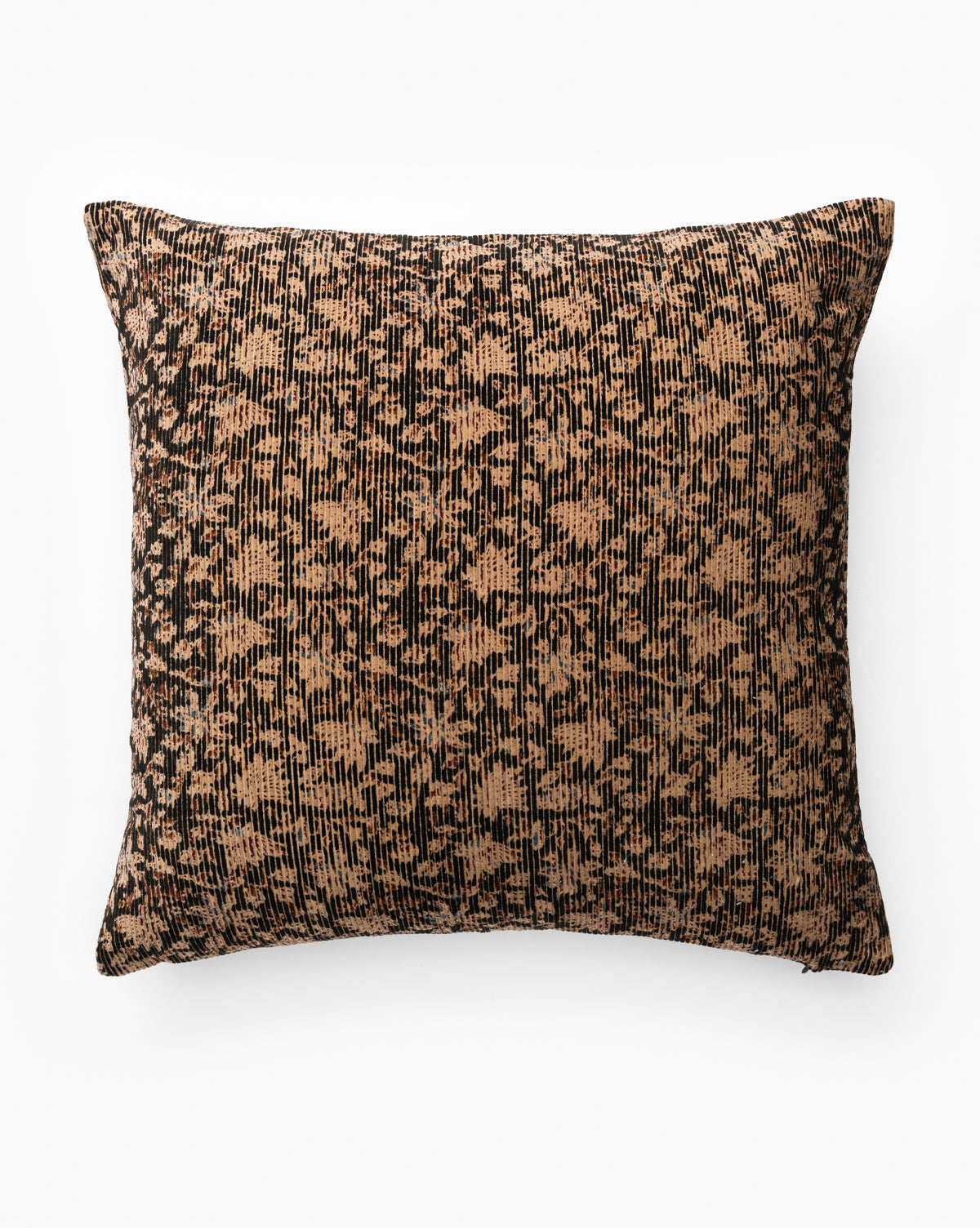 The Isolde Velvet Block Print Pillow Cover features a rectangular shape with a black and tan abstract pattern of scattered shapes and vertical lines on a white background, by Vendixs