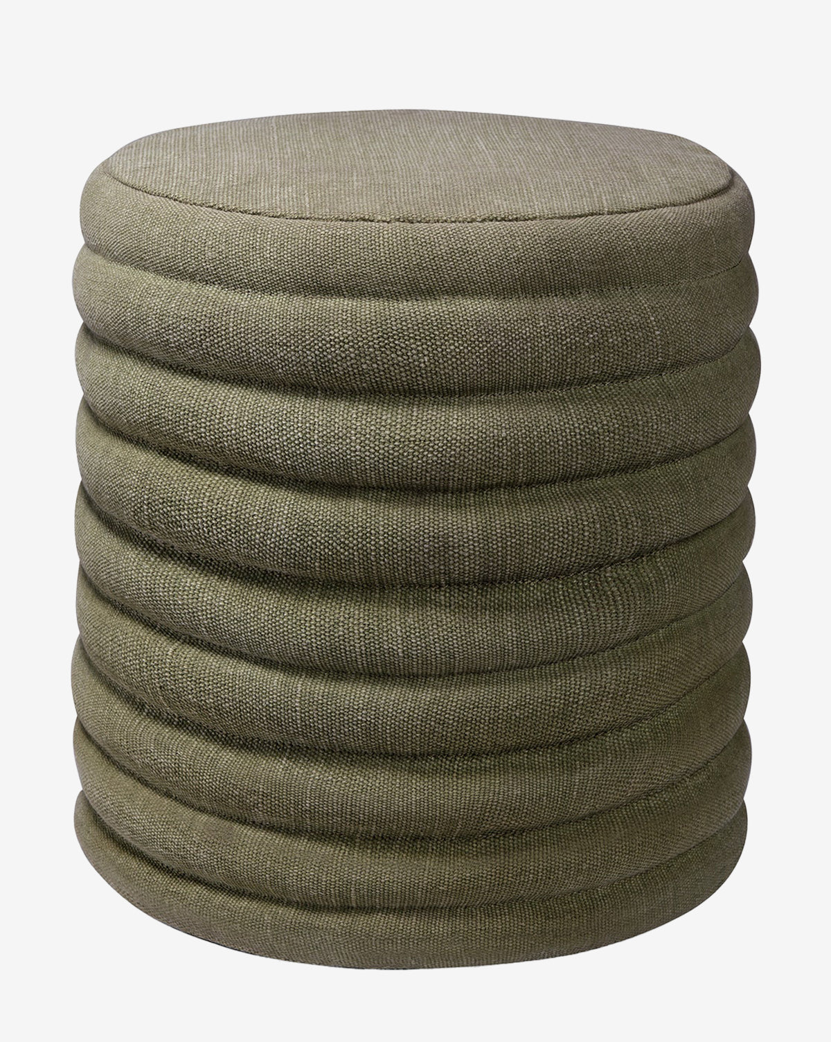 The Jefferson Stool by Made Goods is a round, olive-green ottoman with layered, ribbed texture and stacked cushion style that brings mid-century retro flair to any space by Vendixs