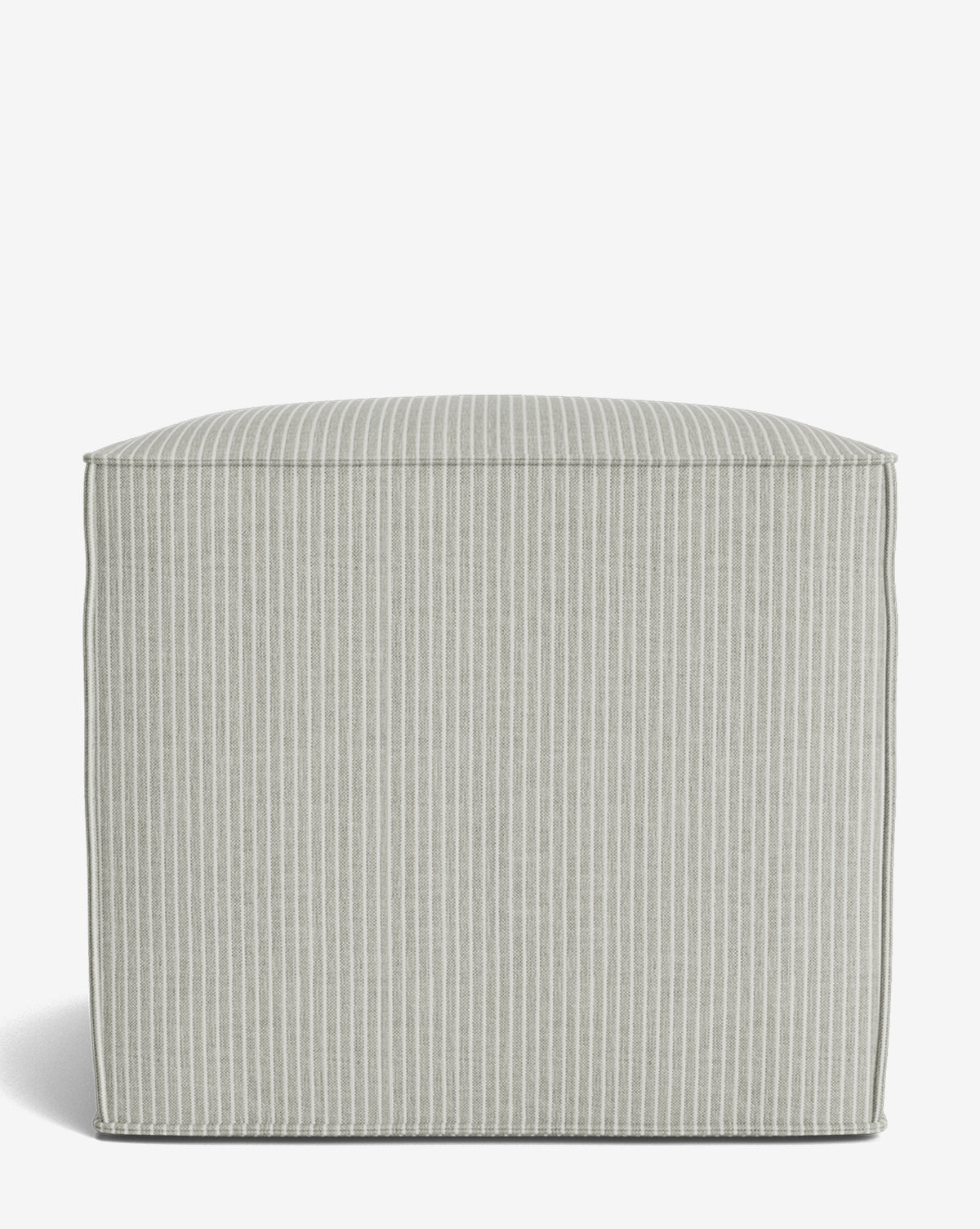 The Johannes Cube is a made-to-order square ottoman with a cushioned seat, upholstered in light gray fabric featuring thin white vertical stripes, shown on a plain white background, by Vendixs