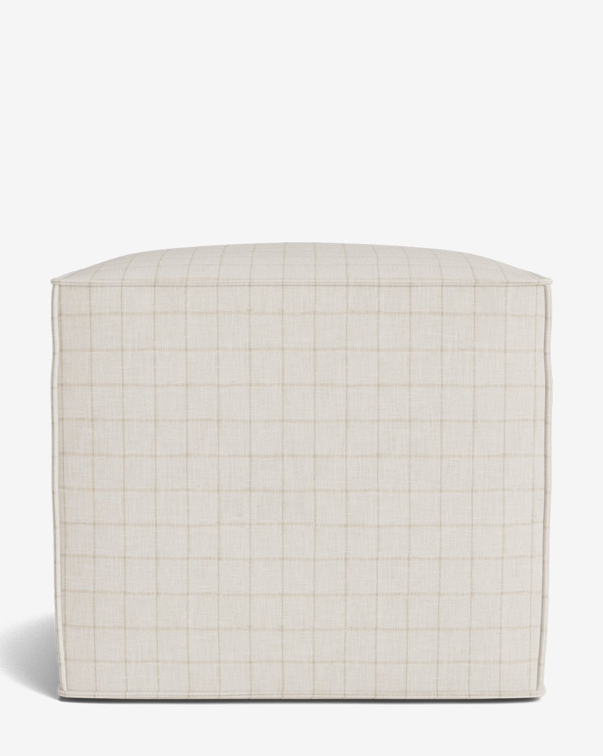 The Johannes Cube by Vendixs is a square ottoman with cushioned seating in light beige fabric featuring an ivory windowpane grid, shown against a white background by Vendixs