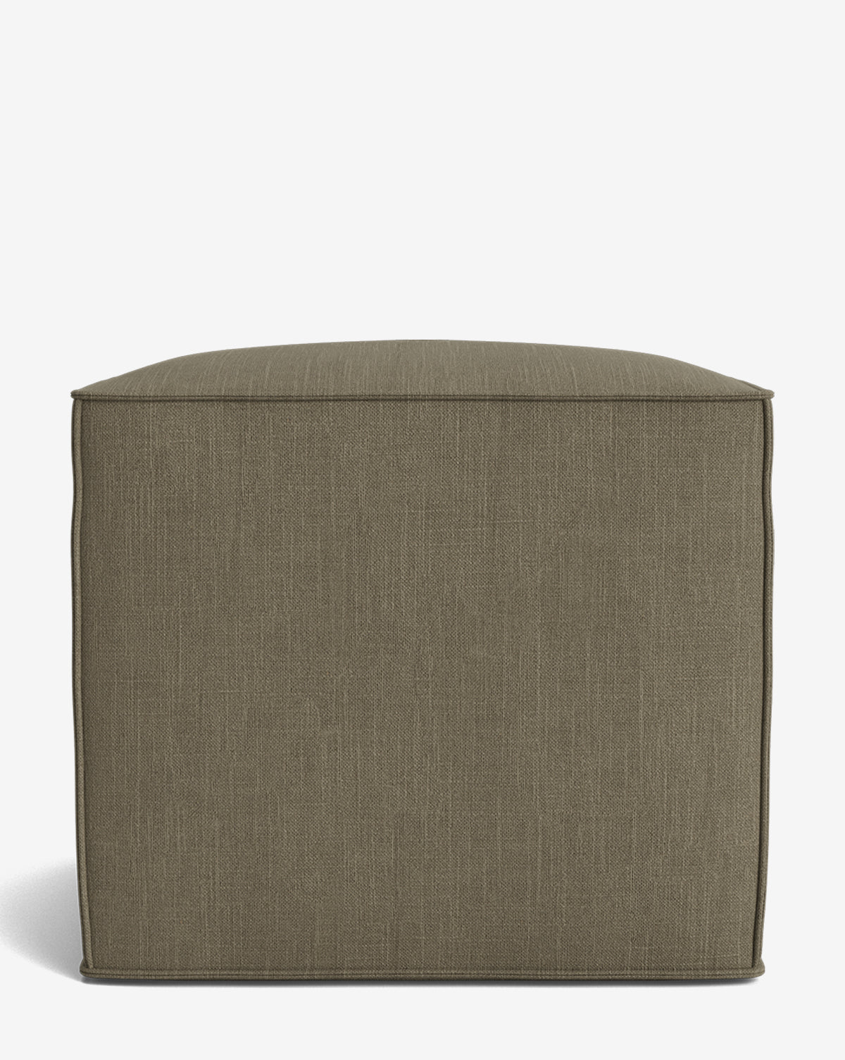The Johannes Cube is a square ottoman with clean lines, a cushioned seat, and a slightly textured olive-green fabric, by Vendixs Shown against a plain white background.