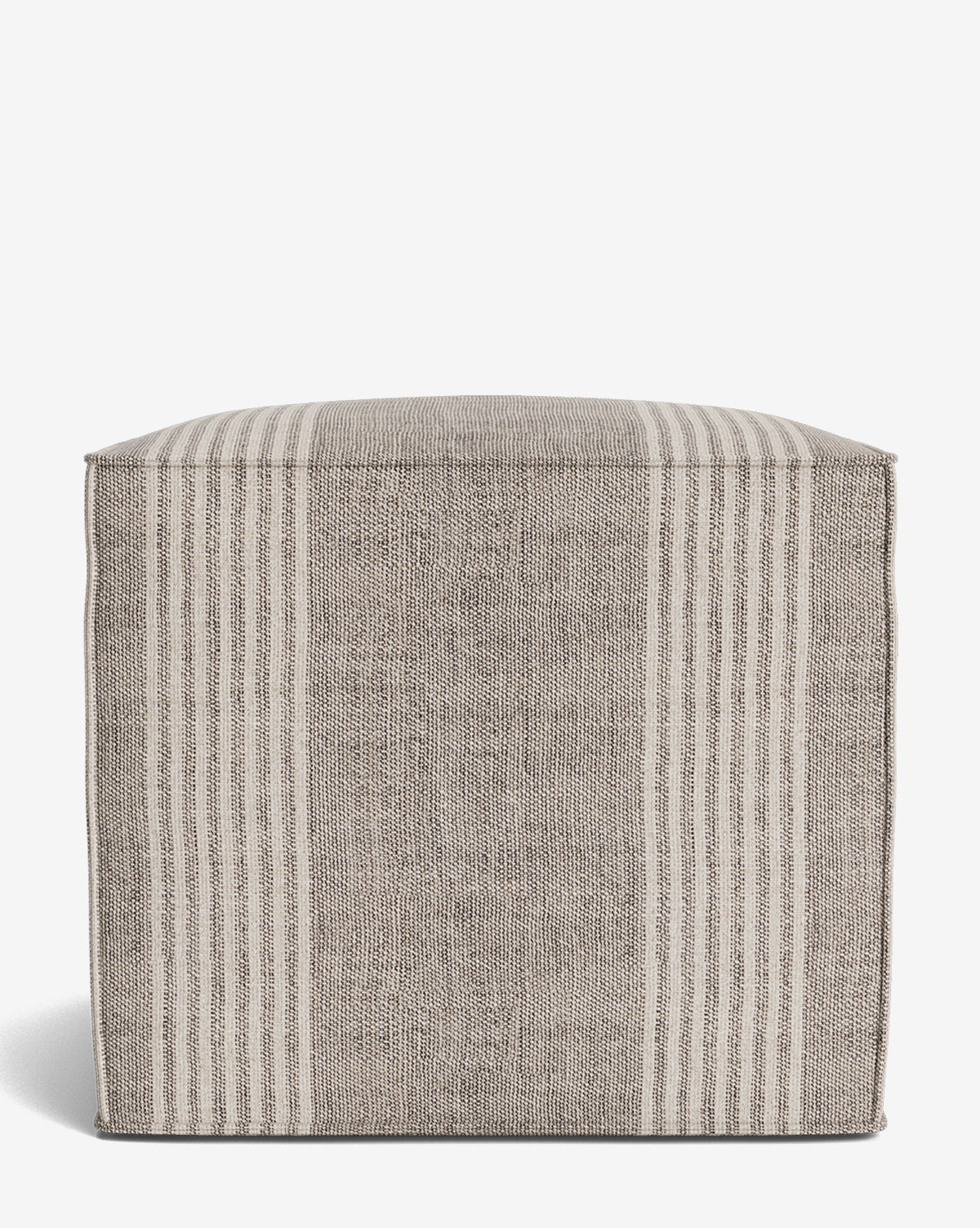 The Johannes Cube by Rowe Fine Furniture, Inc. is a square ottoman with a cushioned seat and vertical beige and cream striped textured fabric, shown on a white background. Part of the made-to-order Johannes Cube collection. Vendixs