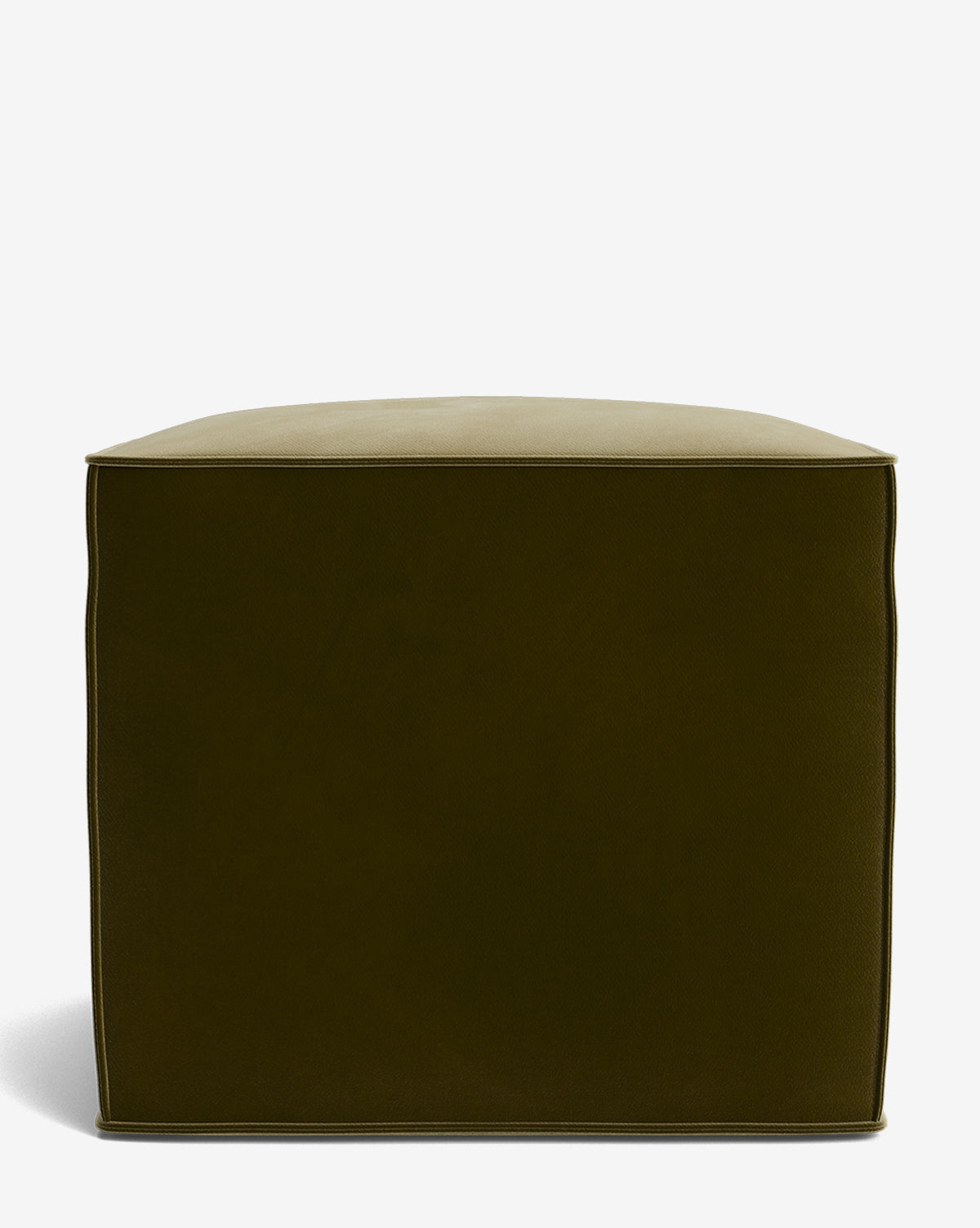 The Johannes Cube is a square olive green ottoman with a cushioned seat, minimal stitching, and smooth fabric for a modern look. Shown here against a plain white background, this piece is made to order by Vendixs