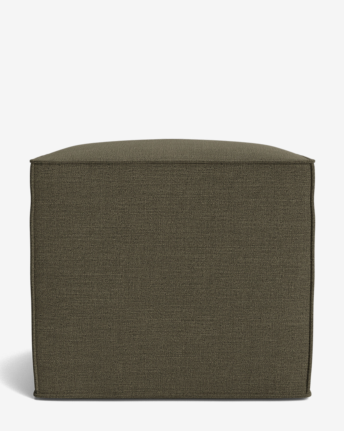 The Johannes Cube is a square olive green fabric ottoman with a cushioned seat and modern design, shown front-facing on a white background. Made-to-order for your space, by McGee & Co.