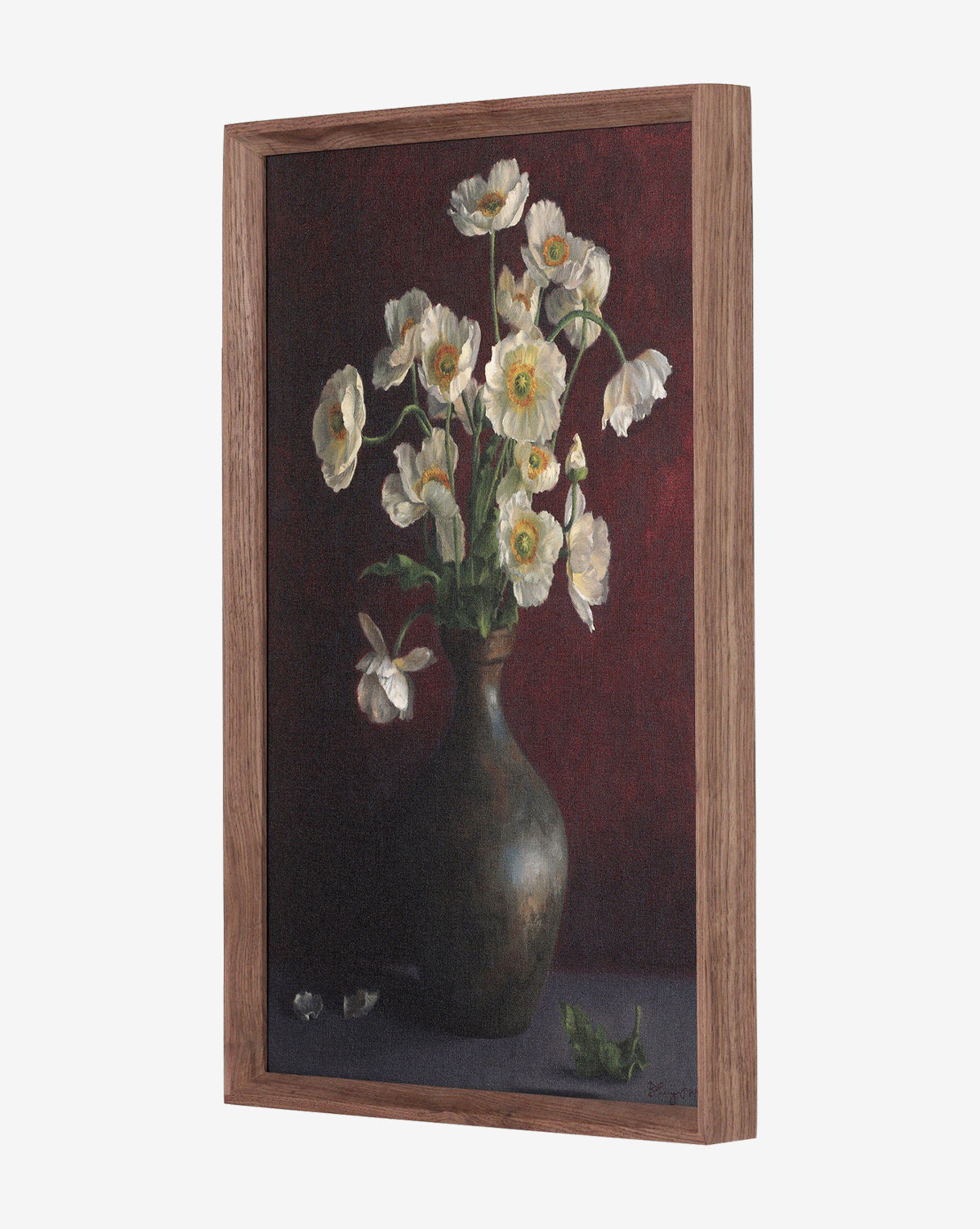 Jubilee by Bethany Joseph is a framed oil still life of white blooms with yellow centers in a dark vase, set against a deep red background with scattered petals and leaves below, handmade in Austin, by Vendixs