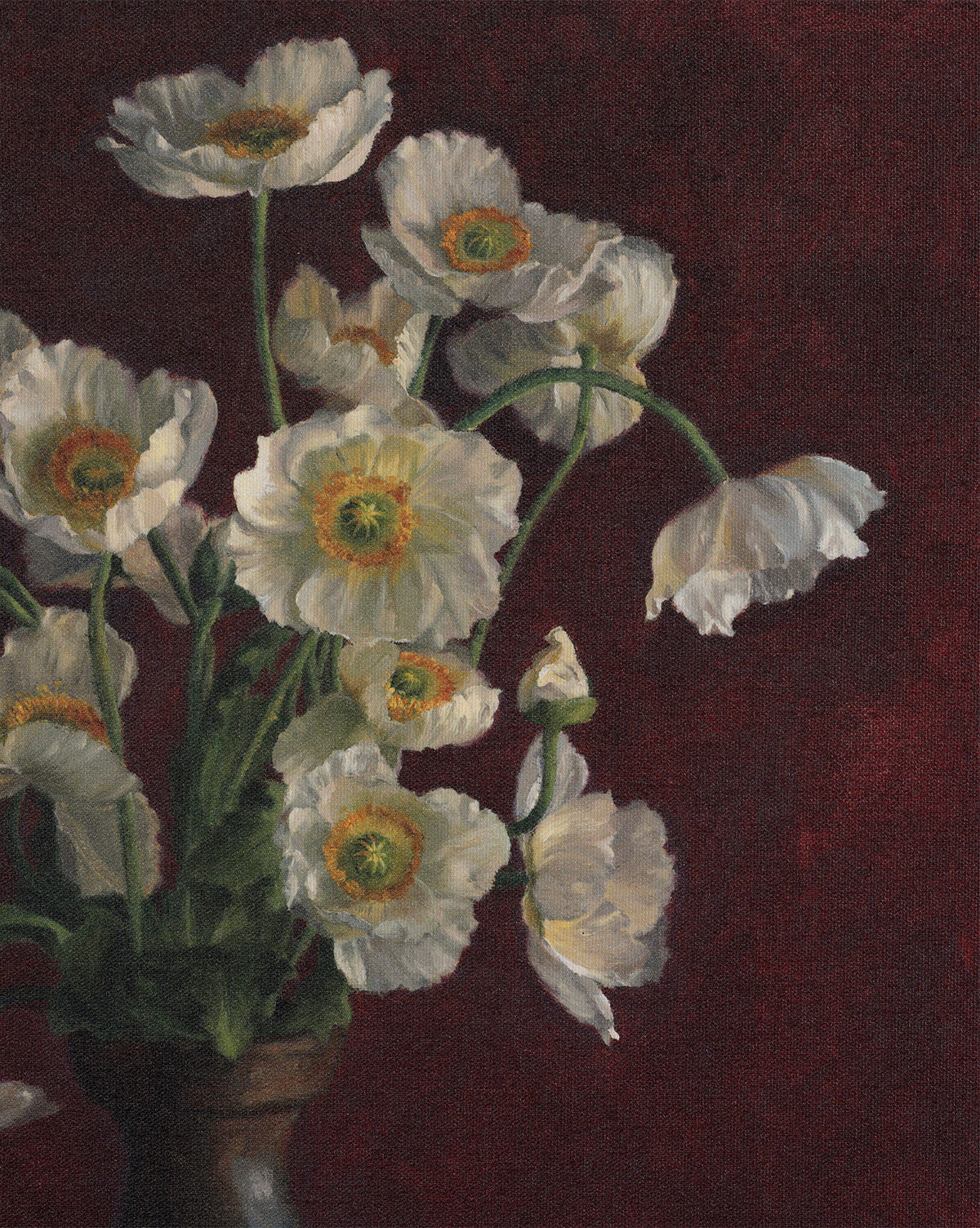 Jubilee by Bethany Joseph: An oil still life of white poppies with yellow centers in a dark vase, set before a deep red textured background. Handmade in Austin, each bloom is uniquely upright or gracefully bending, by Vendixs