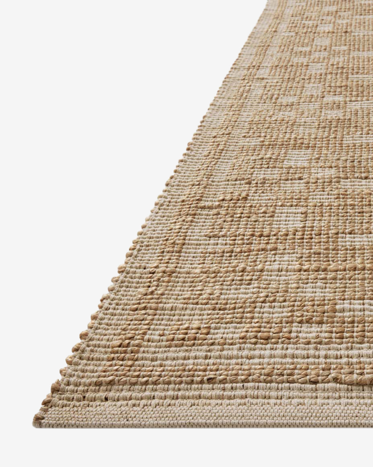 A close-up of the Judy Ivory Jute Rug Collection No. 7 shows its durable, textured woven beige and cream surface with a subtle checkered pattern, by Vendixs