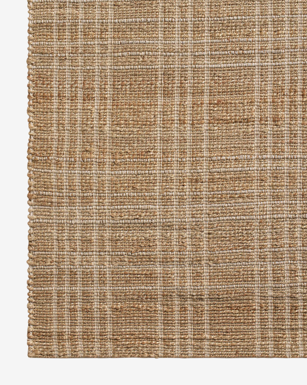 A close-up of the Judy Jute Rug Collection No. 1, a handwoven natural beige jute rug featuring a subtle plaid pattern with thin white lines running vertically and horizontally, by Vendixs