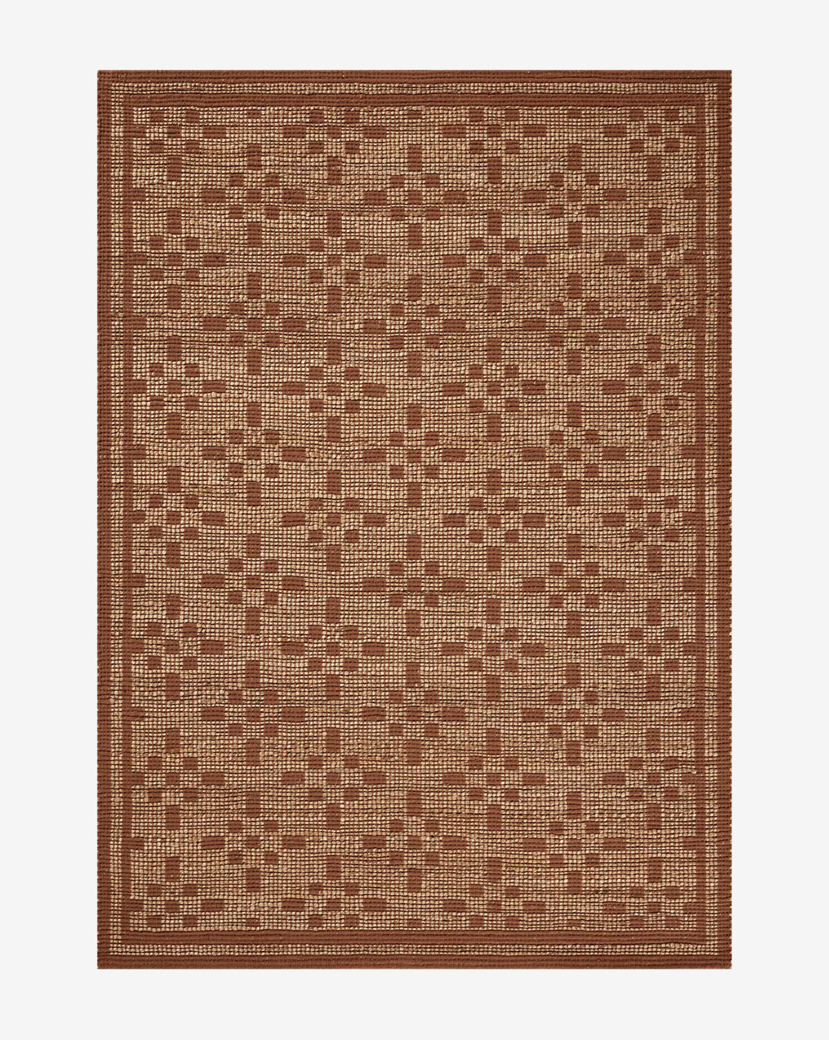 The Judy Spice Jute Rug Collection No. 7 features a rectangular, handwoven design with small square and plus sign patterns in brown and beige shades, bordered by a solid brown edge for added texture and style, by McGee & Co.