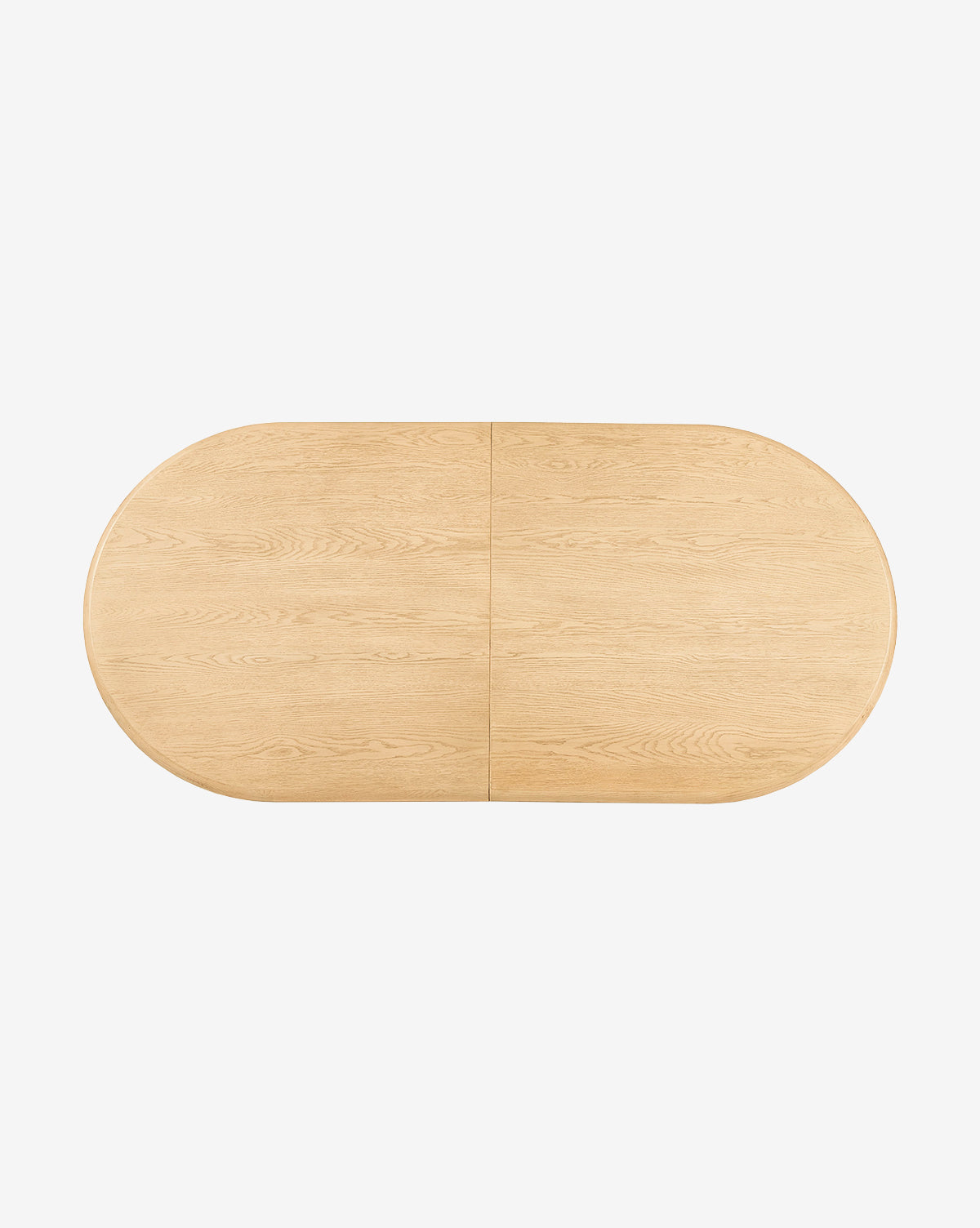 The Juliana Extension Dining Table features an oval solid oak top with a central seam, highlighting its modern design, shown from above on a plain white background by McGee & Co.